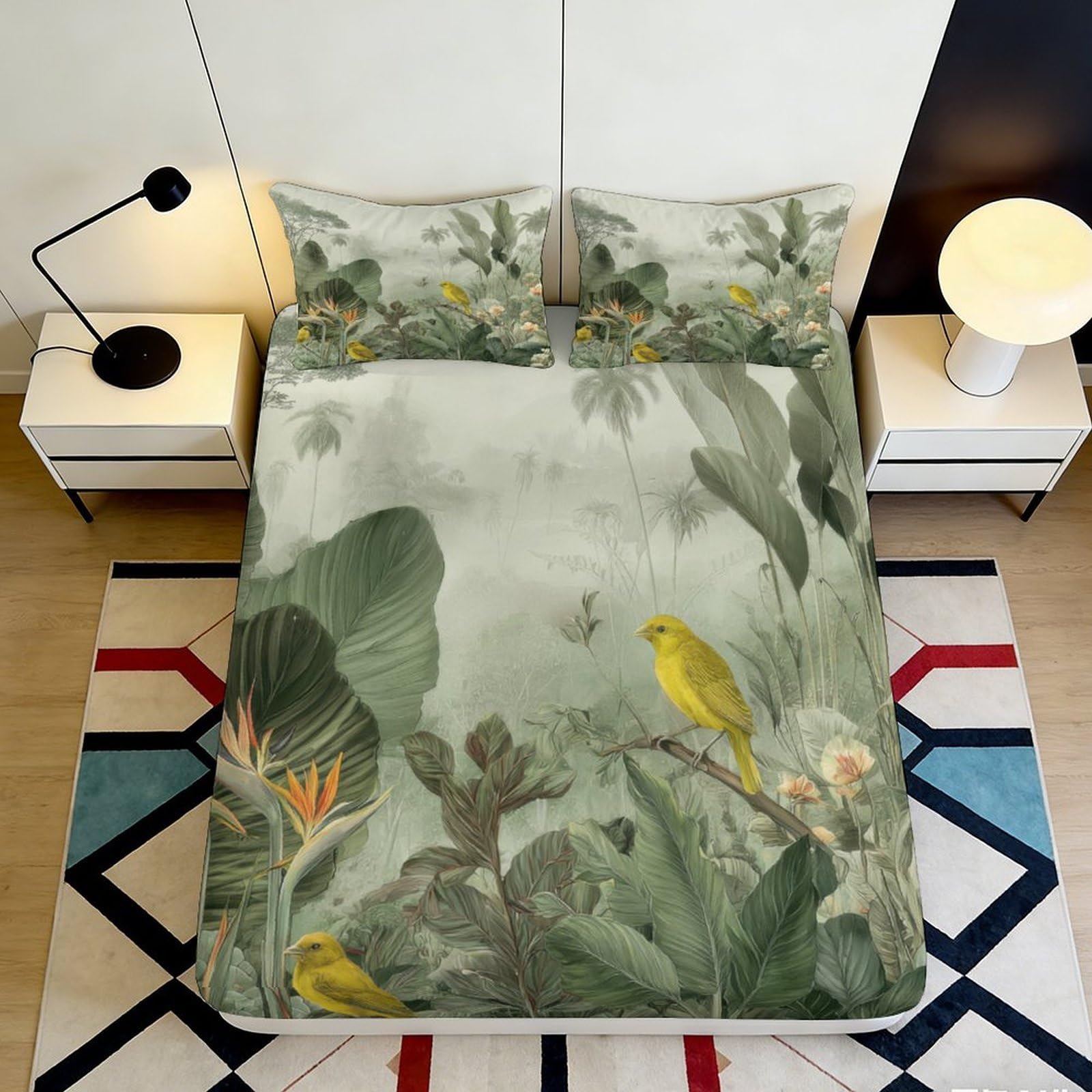 3D Printed Tropical Bird Fitted Sheet Microfiber Slip-Resistant Mattress Cover Jungle Leaf Pattern Bedroom Decor 200x200x25cm