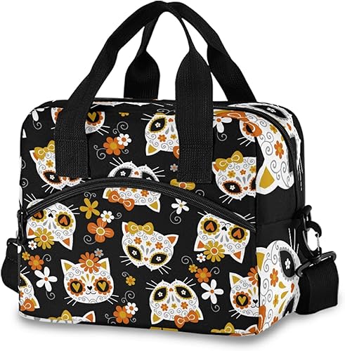 Lonchera negra con diseño de calaveras de azúcar con diseño de gato lindo y flores con aislamiento, lonchera para adultos y mujeres, bolsa de