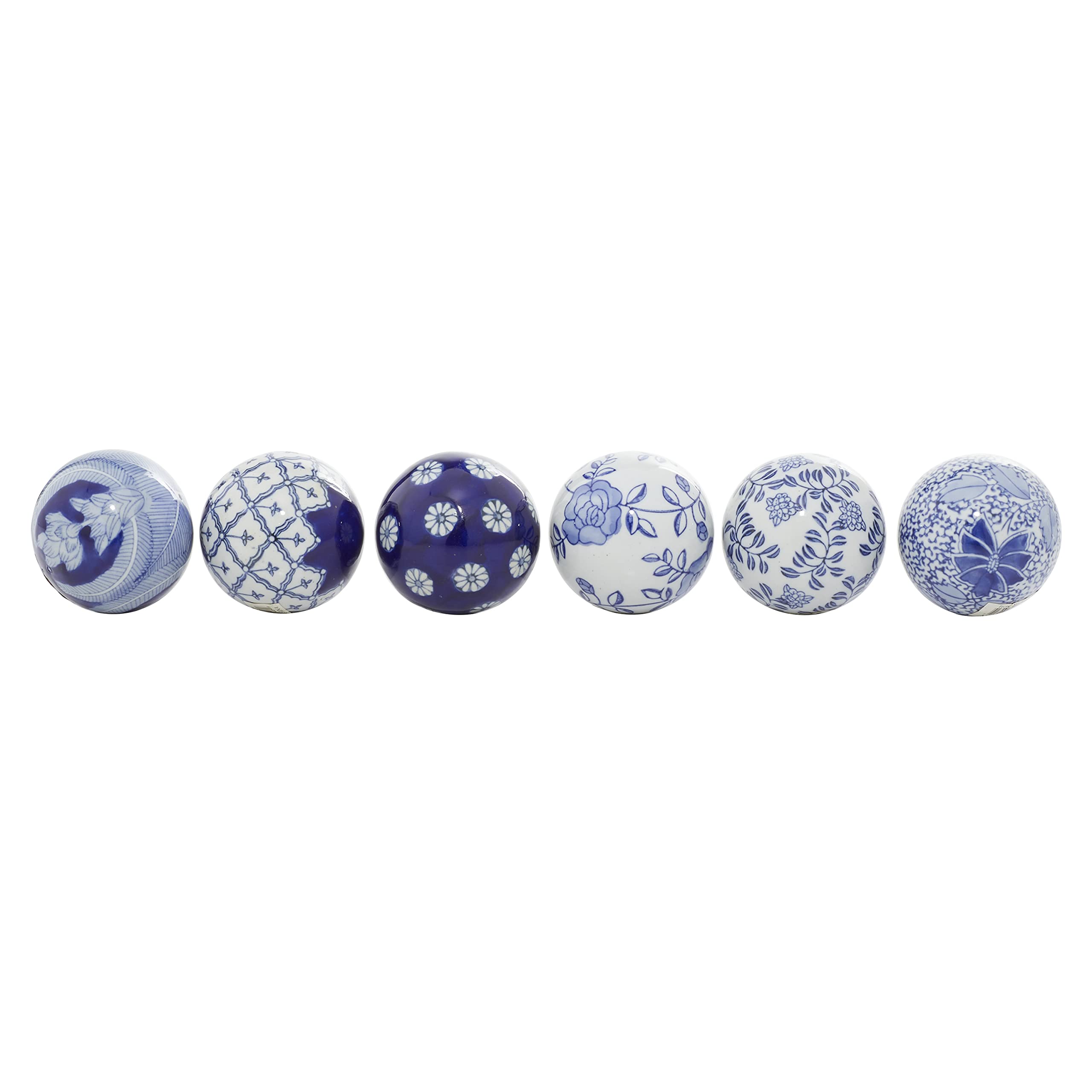 Deco 79 Ceramic Round Orbs & Vase Filler with Varying Patterns, Set of 6 3"D, Blue