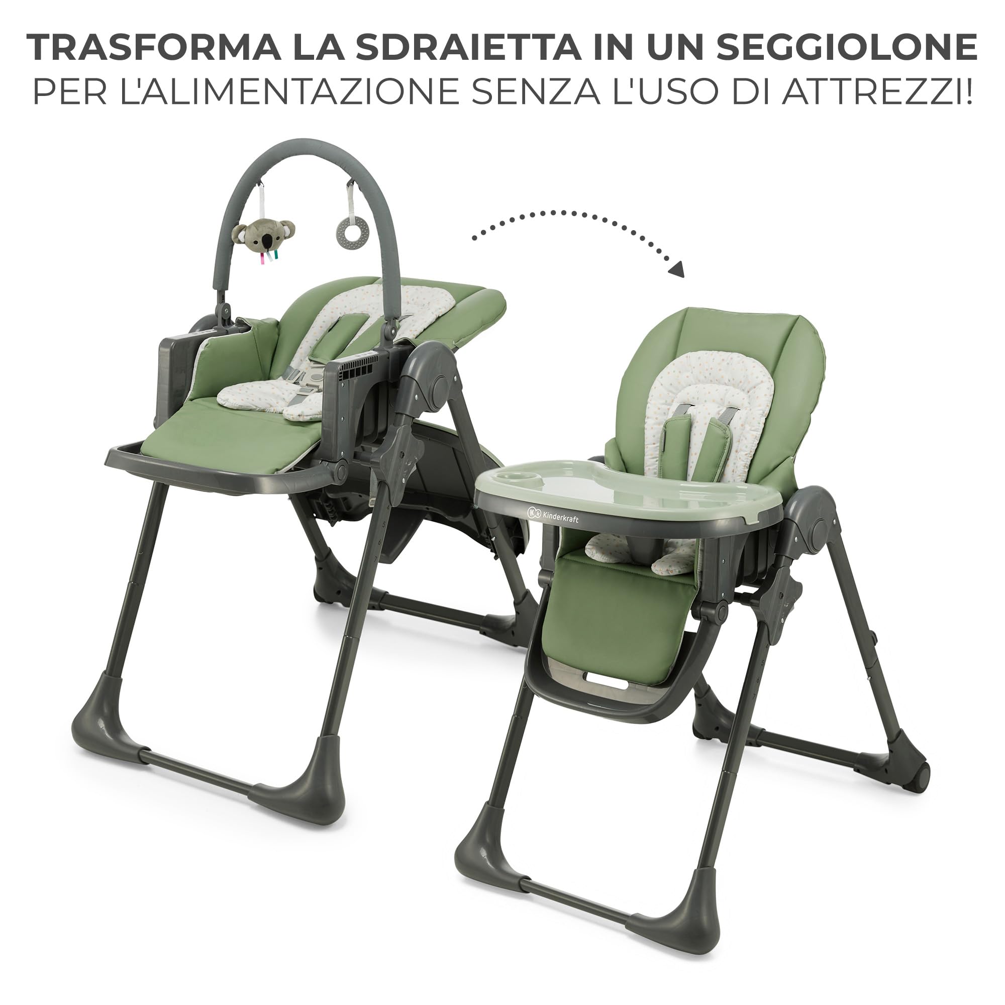 Kinderkraft TUMMIE Seggiolone 2 in 1, Ergonomico, Confortevole, Reclinabile, Pieghevole, con Altezza Regolabile e Poggiapiedi, Vassoio Staccabile, per Bambini, con giocattoli, Verde