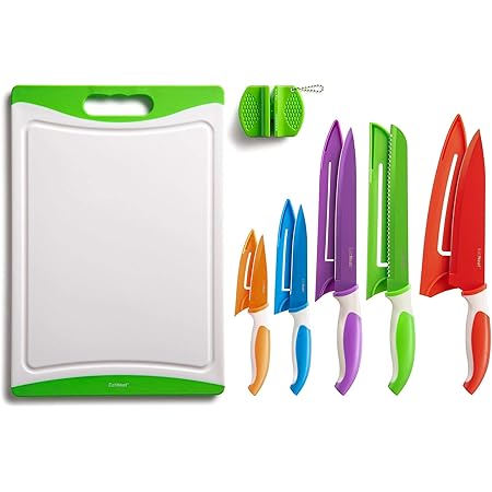 EatNeat 12-Piece Colorful Kitchen Knife Set - 5 Colored Stainless Steel Knives with Sheaths, Cutting Board, and a Sharpener - Razor Sharp Cutting Tools that are Kitchen Essentials for New Home