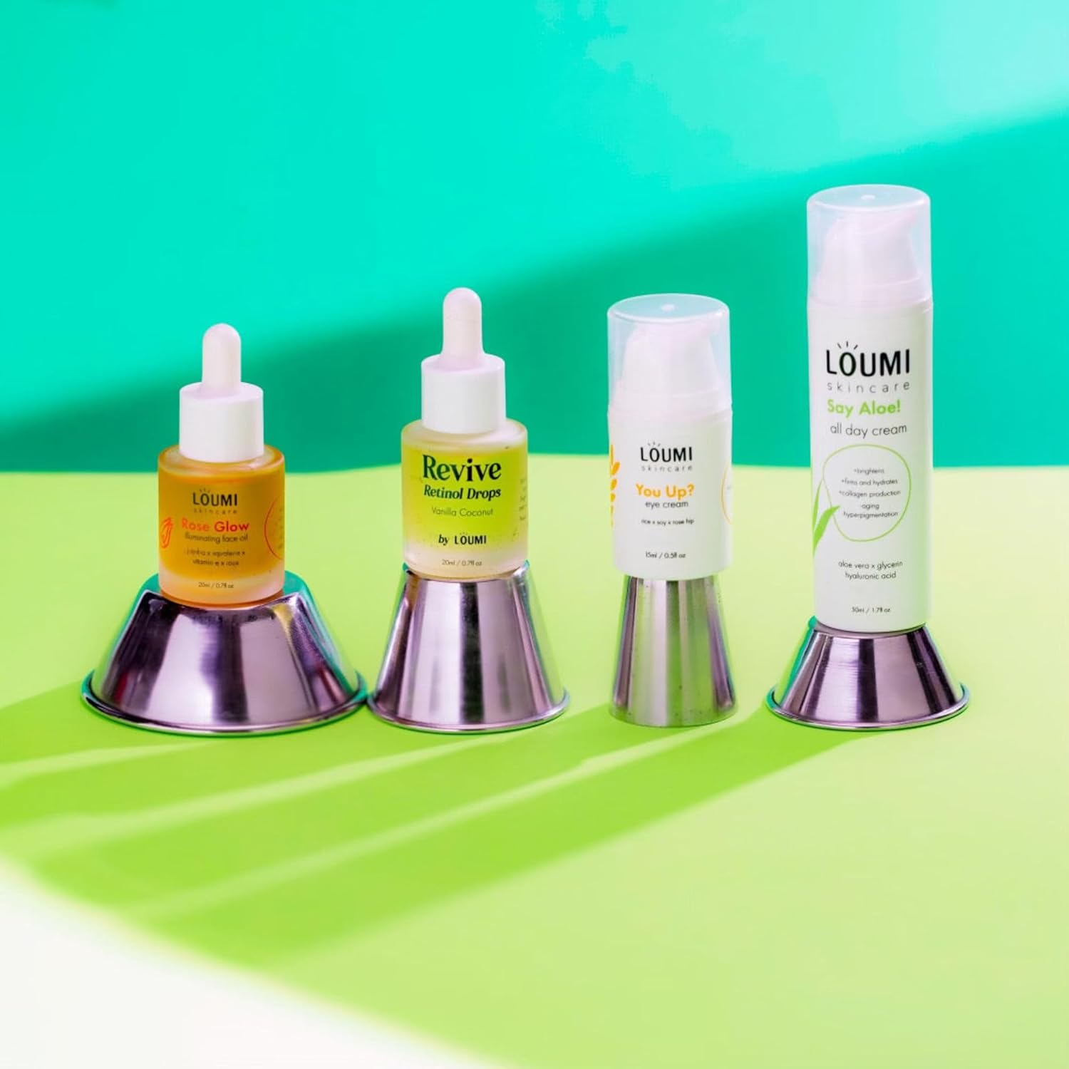 LOUMI Skincare The Glow Pack - Say Aloe! All Day Cream, You Up? Eye Cream, Rose Glow Illuminating Oil, & Revive Retinol Drops - Hydrating, Brightening, Moisturizing Daily Skincare Set for Radiant Skin - Image 2