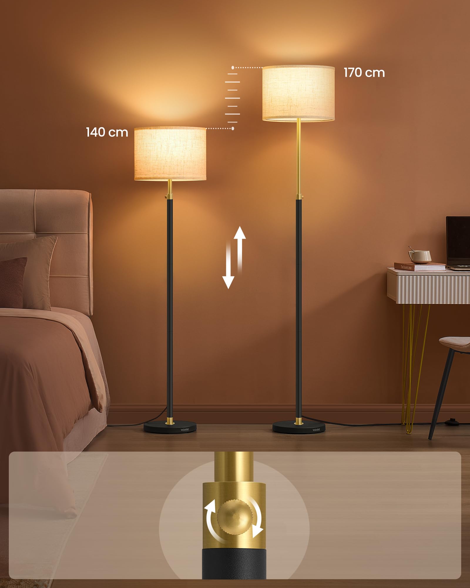 VASAGLE Lampa stojąca, regulowana wysokość 140-170 cm, styl nowoczesny, przełącznik nożny, abażur z tkaniny, oprawka E27, kolor złoty i czarny LFL002B02