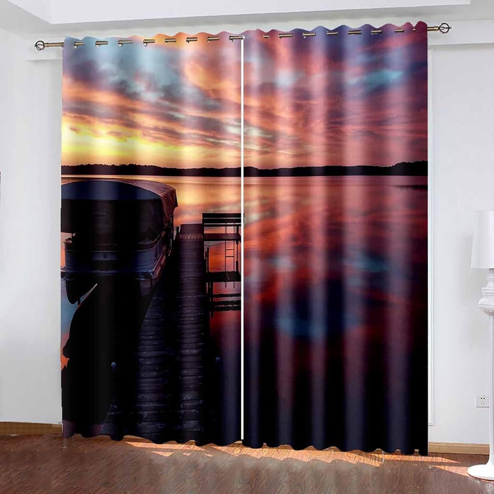 Blickdichte Vorhänge Kinder 2 Panels,2 x 137W x 183H cm,Gardinen Set mit Ösen Seelandschaft und Sonnenuntergang Vorhänge Mehrfarbig für Wohnzimmer