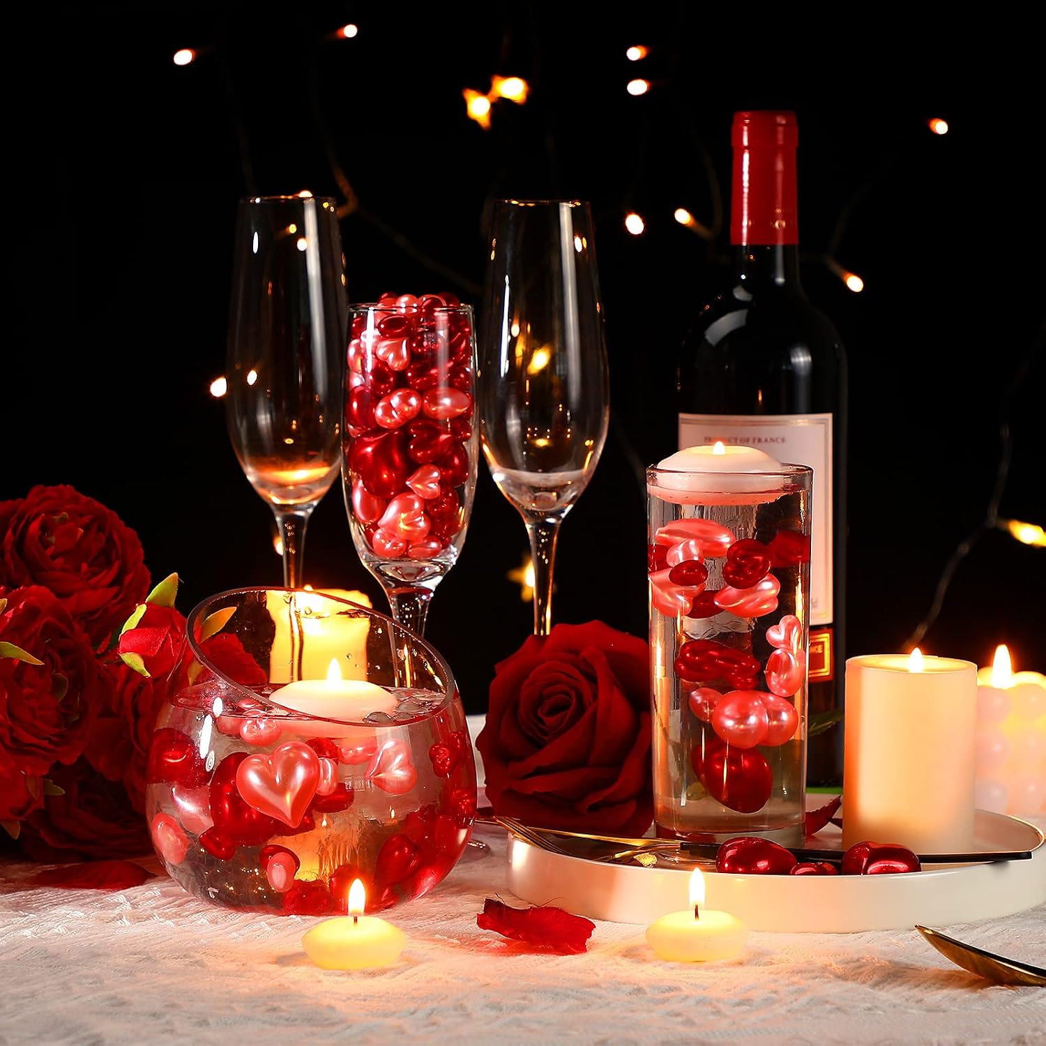 MTLEE 120 Pcs Valentine Pearls Vase Filler Heart Pearls for Floating Candles Centerpiece for Valentine Wedding Dinning Table, 14/20/30 mm No Water Gel(Red, Pink,Classic Style)