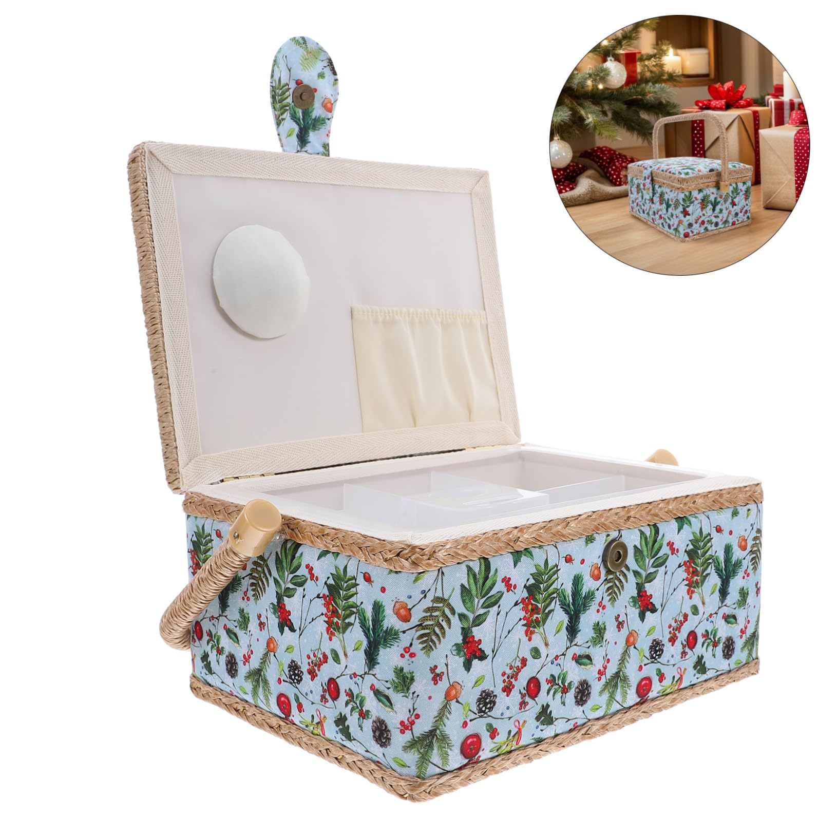 Cesta de Costura Portátil Grande con Asa Diseño Europeo Navideño Organizador de Tela para Bordado y Herramientas Caja de Almacenamiento para Manualidades