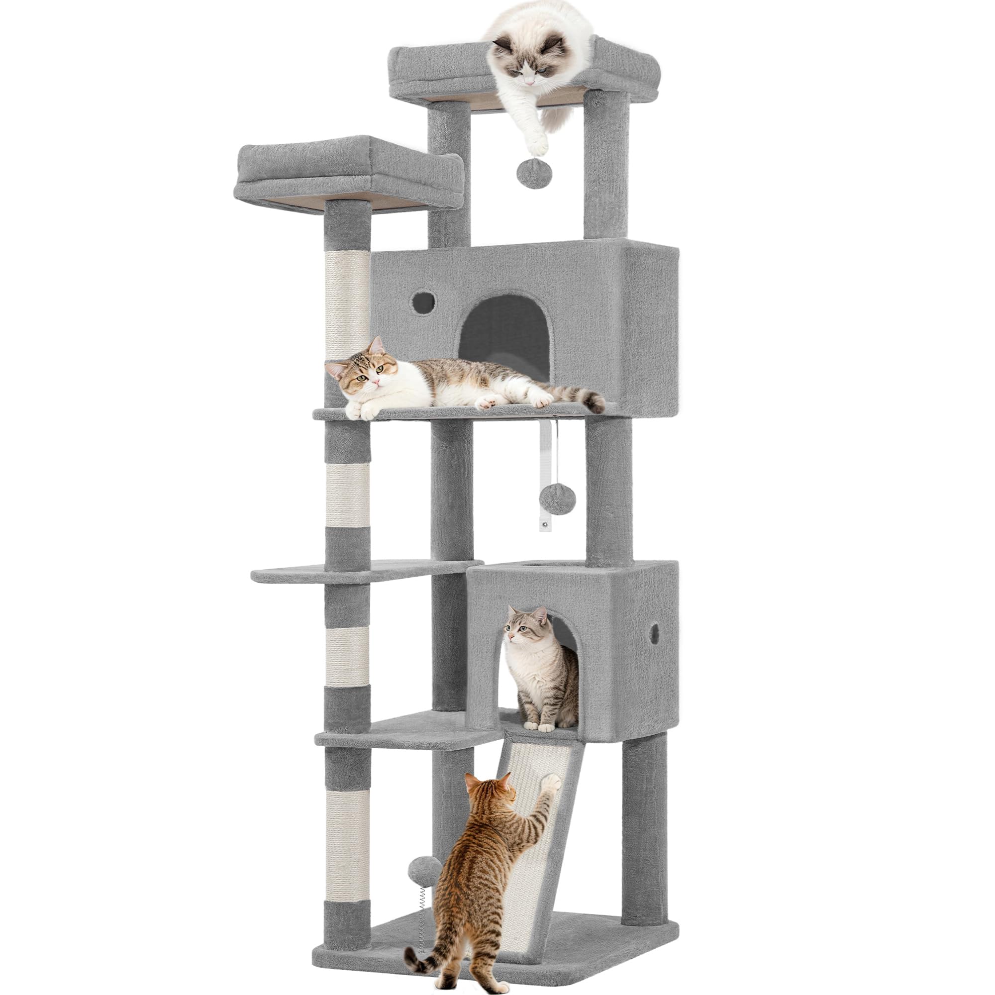 Albero Tiragraffi per Gatti 178 cm Torre per Gatti, Grigio Chiaro | Pali in Sisal, Tavola Tiragraffi, 2 Comodi Condomini, 2 Trespoli, Pompon, Zona Relax FPMS005FG1