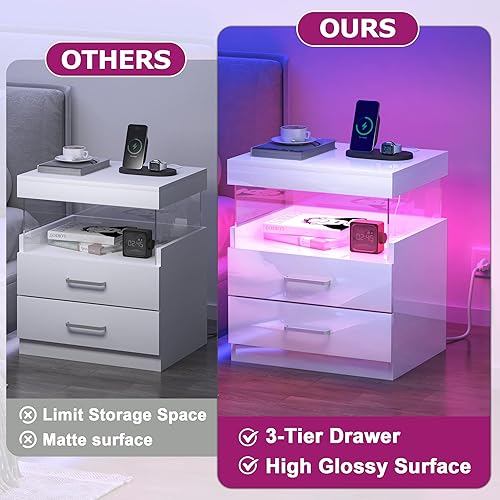 Miniatura 6 de WelFurGeer Mesita de noche de alto brillo, mesita de noche LED blanca con estación de carga, mesita de noche con cajones, mesitas de noche modernas,
