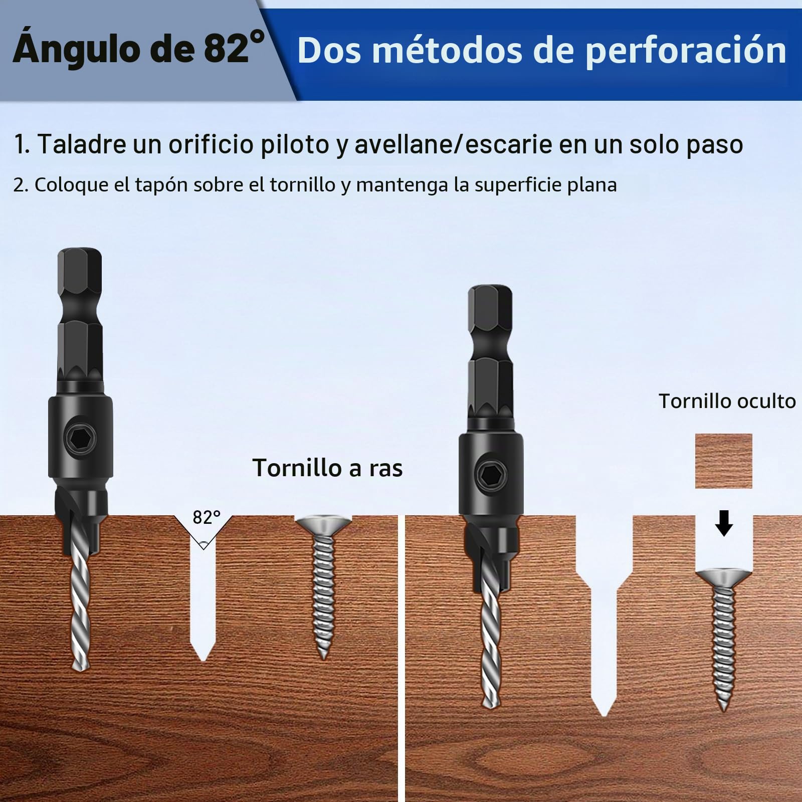 Juego de brocas avellanadas, 5 piezas de cambio rápido de vástago hexagonal ajustable de 1/4 pulgadas - 5 brocas reemplazables gratis con una llave hexagonal para carpintería
