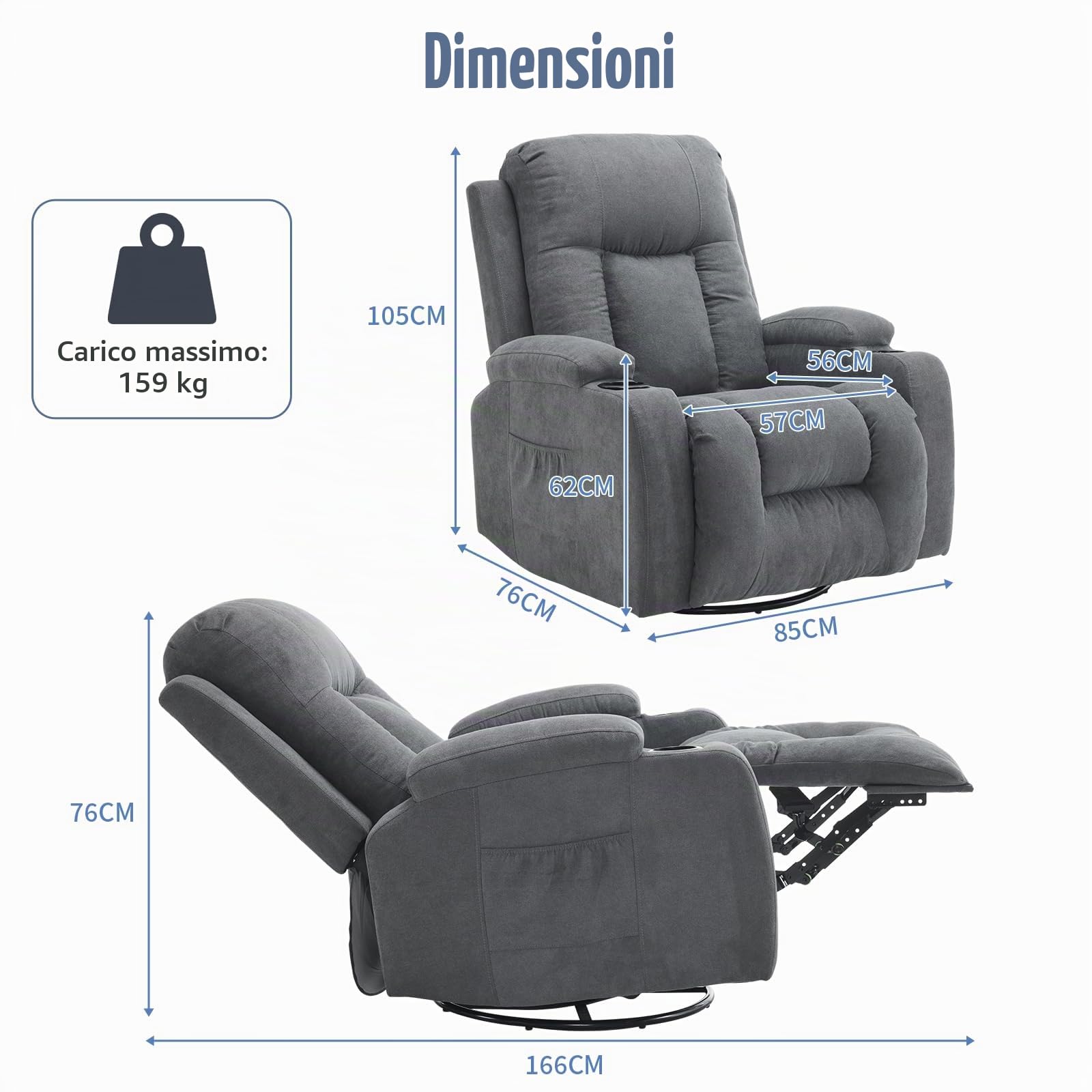 LEADZM poltrona reclinabile Rotazione a 360 gradi Poltrona Relax Con funzione massaggiante e riscaldamento Schienale inclinabile manualmente Grigio scuro