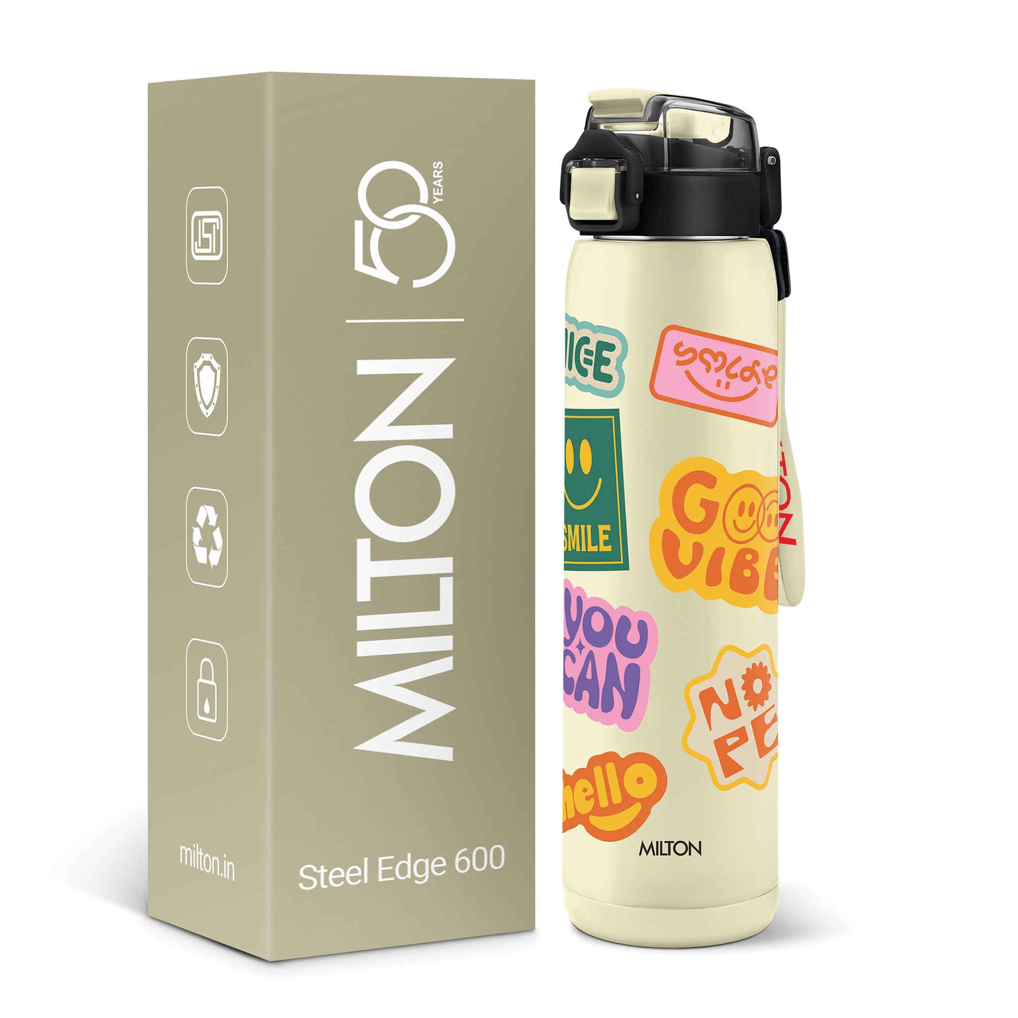 Milton Steel Edge 600 Thermoware Water Bottle 500 ml with One Touch Safety Lock & Twin Lid Sip or Gulp,Long Hours Hot & Cold,Leak Proof,ISI Certified,Vacuum Insulated,for Office,Gym,School, Ivory