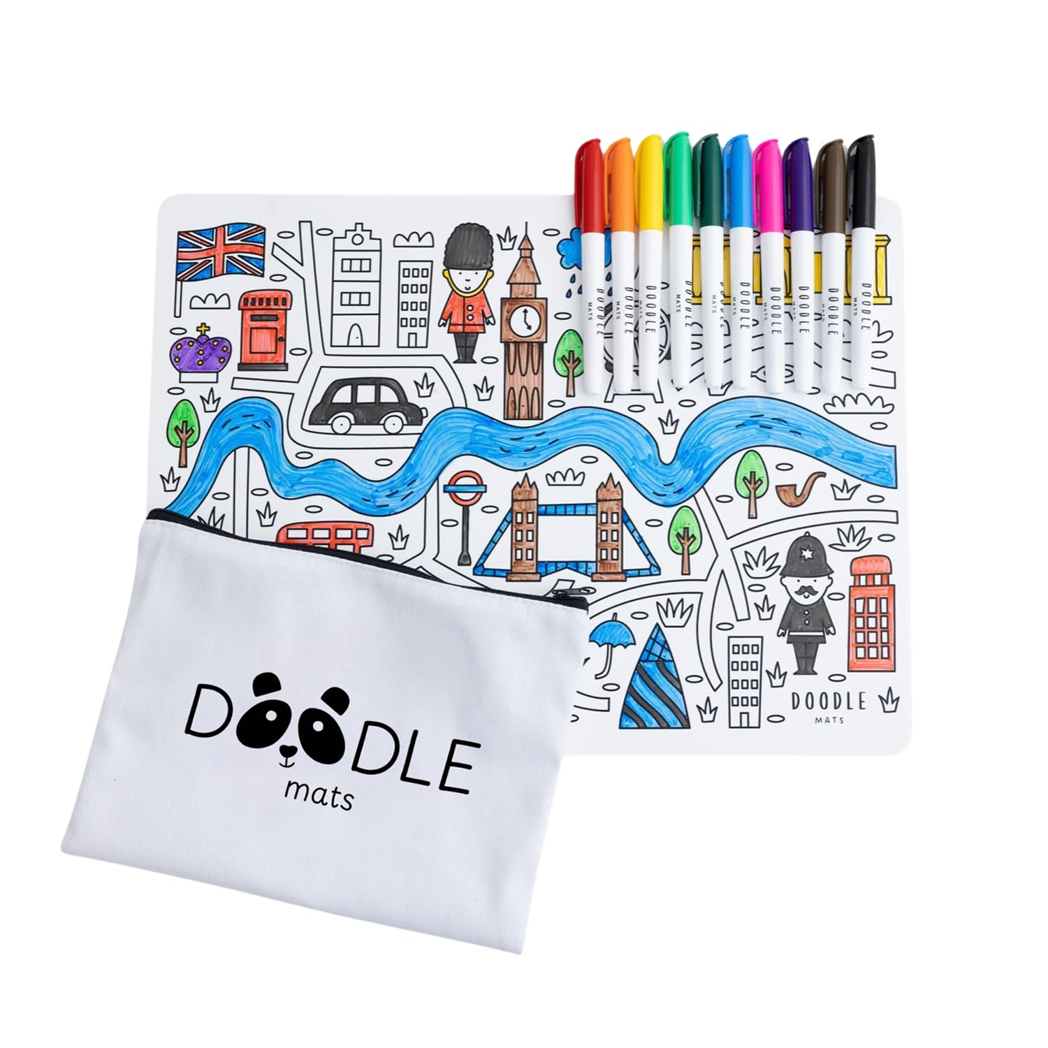 Doodle Mats Reusable London Colouring Mat for Kids | Iconic City Play Mat with 10 Washable Pens & Carry Case | Mess Free Travel Toy Featuring Big Ben, Tower Bridge & Buses | Eco Friendly A3 Gift