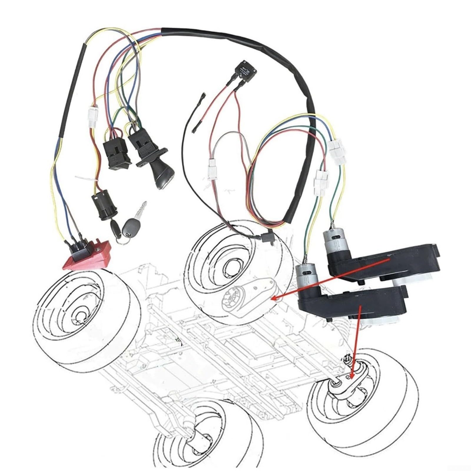 Kompletter Reparatur- Und Bausatz Mit 24V Kabelbaum Für Ferngesteuerte Kinder Elektroautos, Bestehend Aus Diversen Funktionsschaltern Und Zwei RS550 Getriebemotoren, Für Ideal Für Eigenbau, Umbau Oder