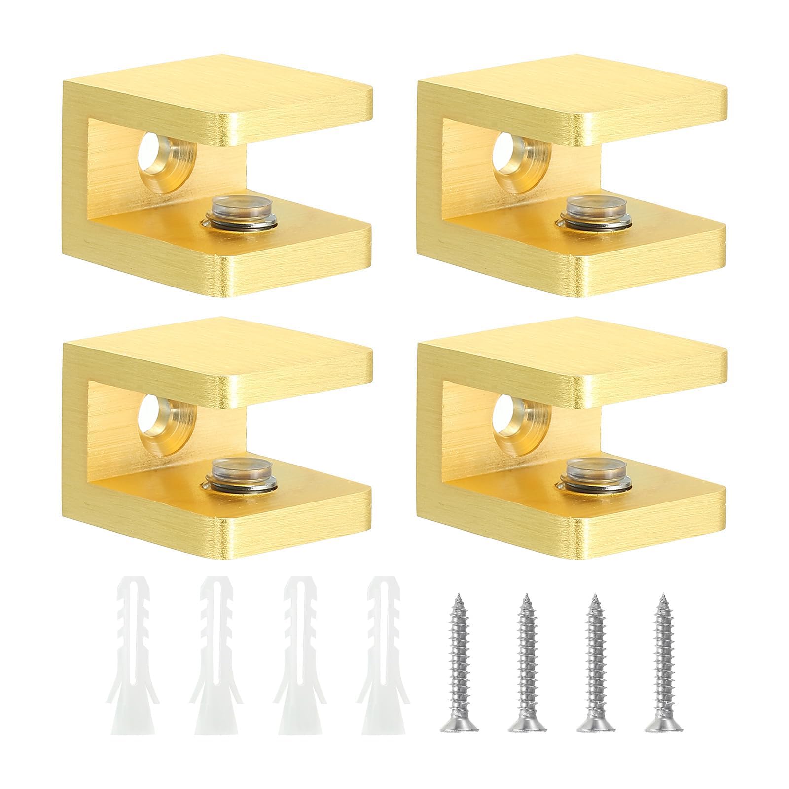 Unifizz Glass Shelf Brackets, 4Pcs Brass Glass Clamp for 8-10mm Thick Panel Glass Shelf Clip Holder Bracket Support Fixed U-Clamp, Gold