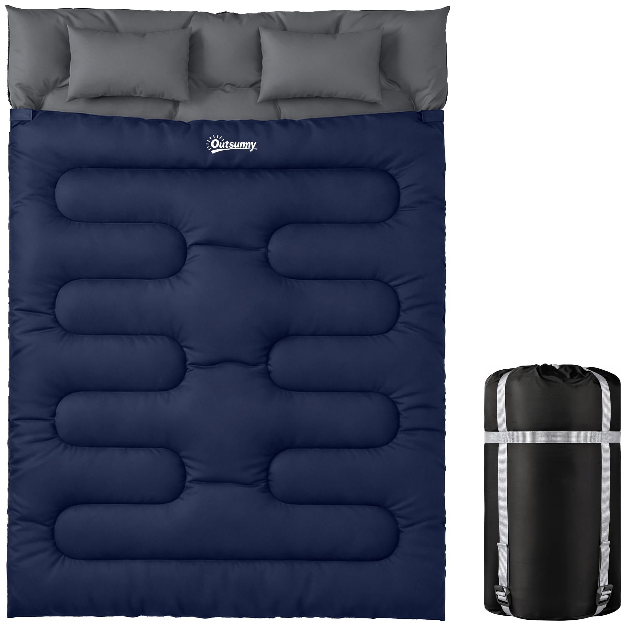 Outsunny Saco de Dormir Doble Adulto, Ligero, Tamaño Queen para 2 Personas 3 Estaciones, Saco de Dormir Rectangular con 2 Almohadas y Bolsa Transporte, para Días Fríos, Acampar, Senderismo Azul Oscuro
