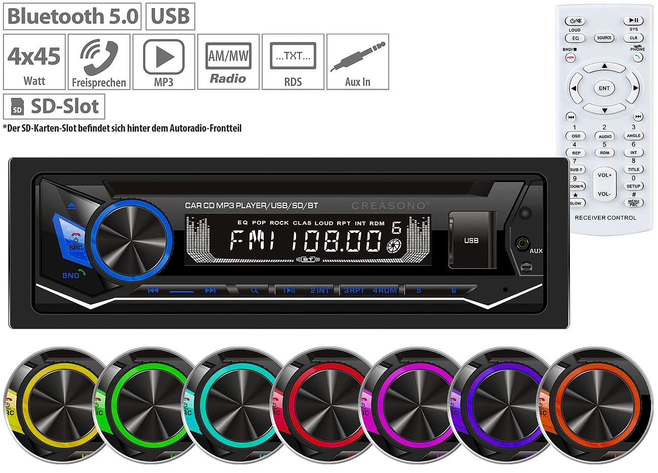 CD Radio Auto: MP3-Autoradio, CD, Bluetooth, Freisprechfunktion, USB, SD, 4x45W (Autoradio mit Player, Player Auto, 1 DIN)