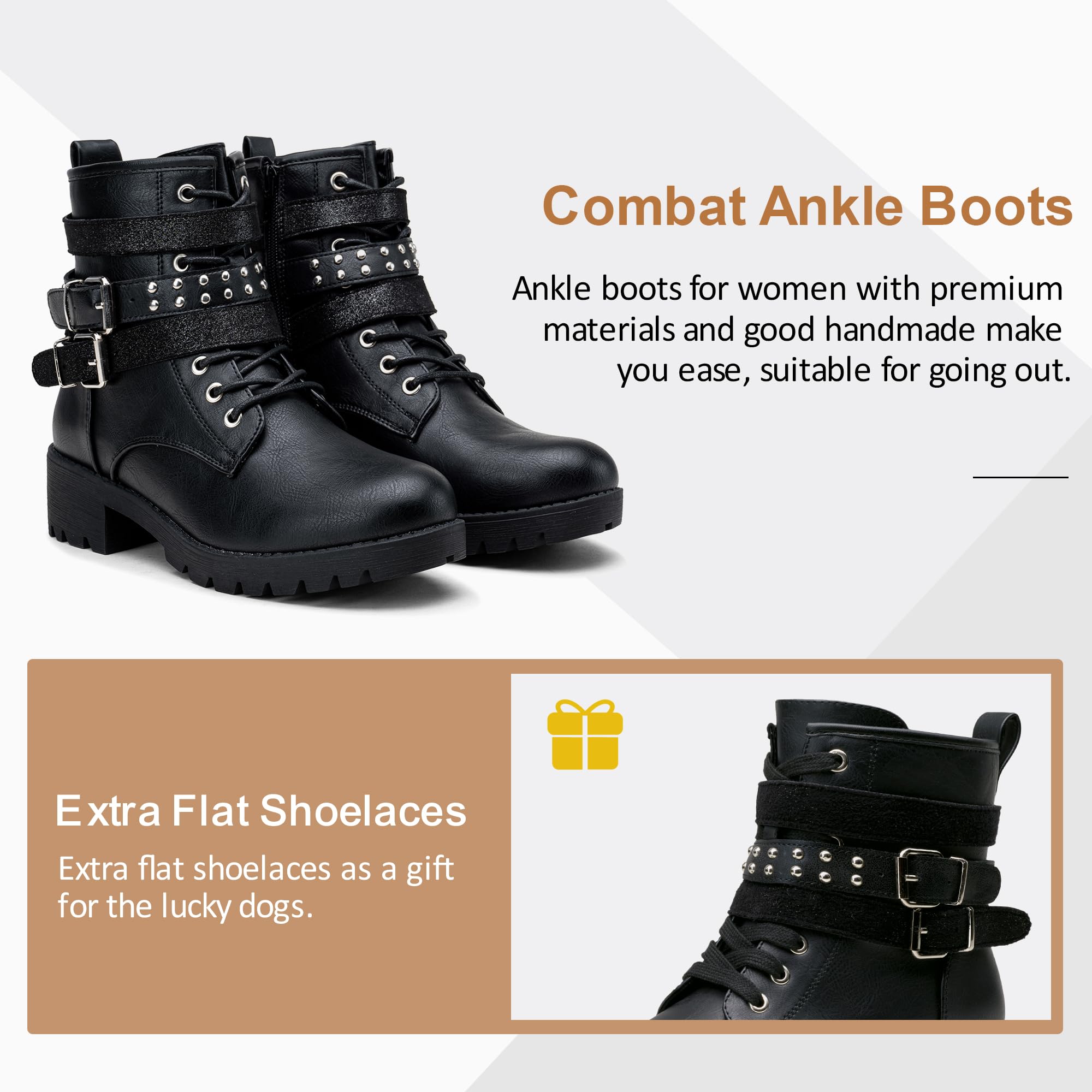 Vepose Women's 916 Ankle Boots, Combat Lace up Short Booties with Inside Zipper: 10 Black