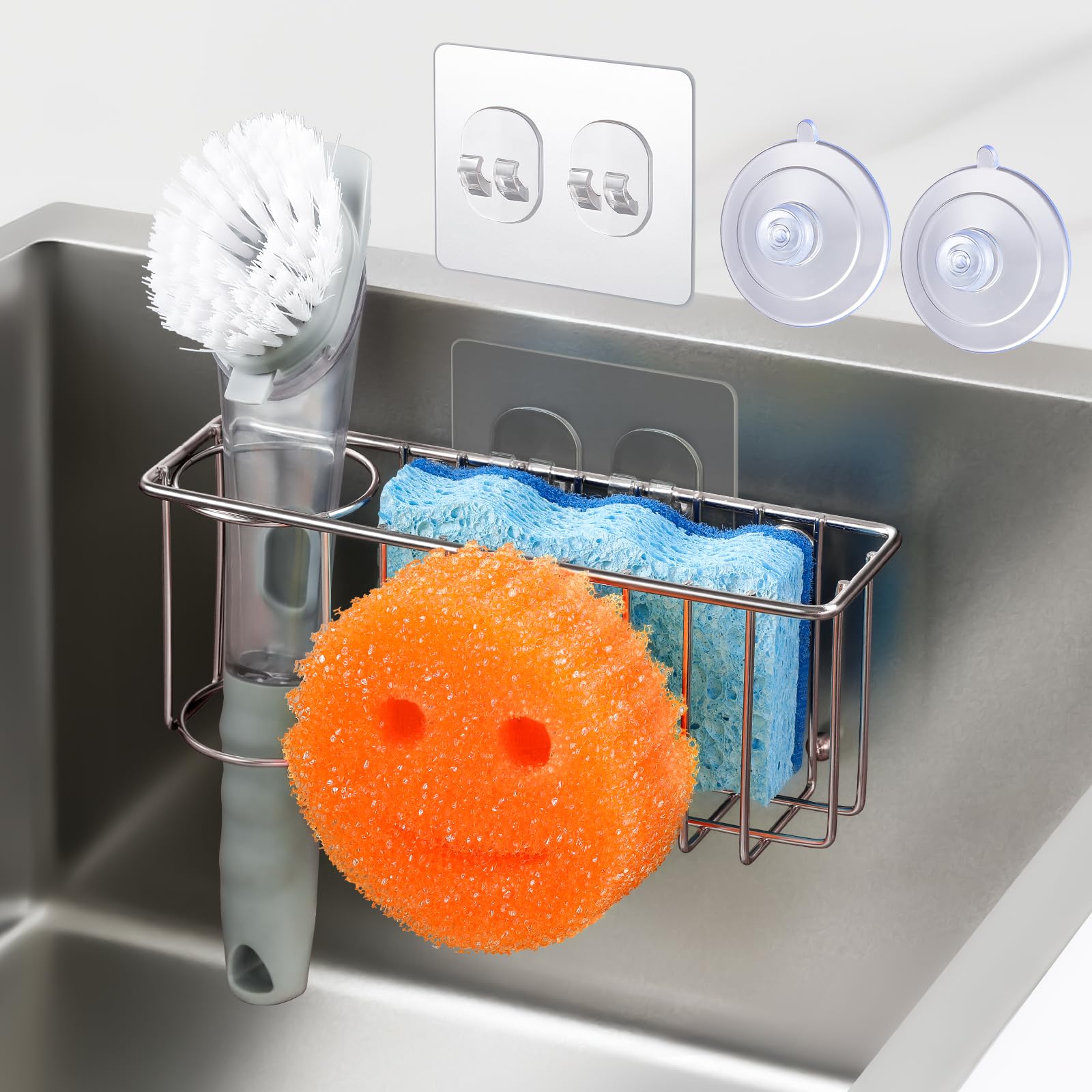 3-IN-1 Multiuse Sponge Holder for Kitchen Sink, Sponge Caddy for Scrub Daddy/Scrub Mommy Smiley Face, Sink Organizer Accessories for Dish Brush, Scrubber - with 2 Suction Cups & 1 Adhesive Hook