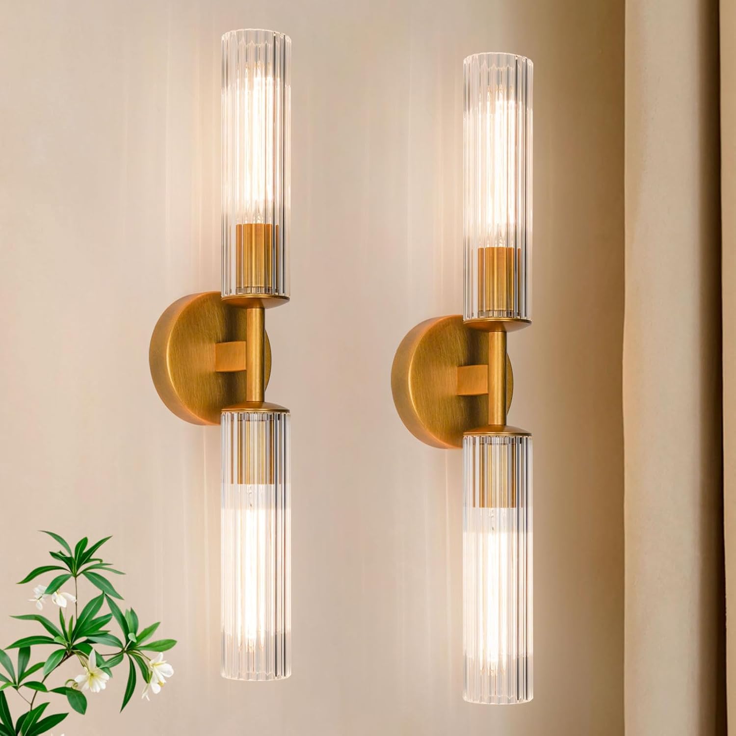 Brass Wall Sconces Set of Two, Clear Ribbed Glass Tube Sconces, Brushed Gold Bathroom Wall Lighting, Vintage Vanity Mirror Wall Lights Set of 2, Wall Lights for Living Room Stairs (Bulb Included)