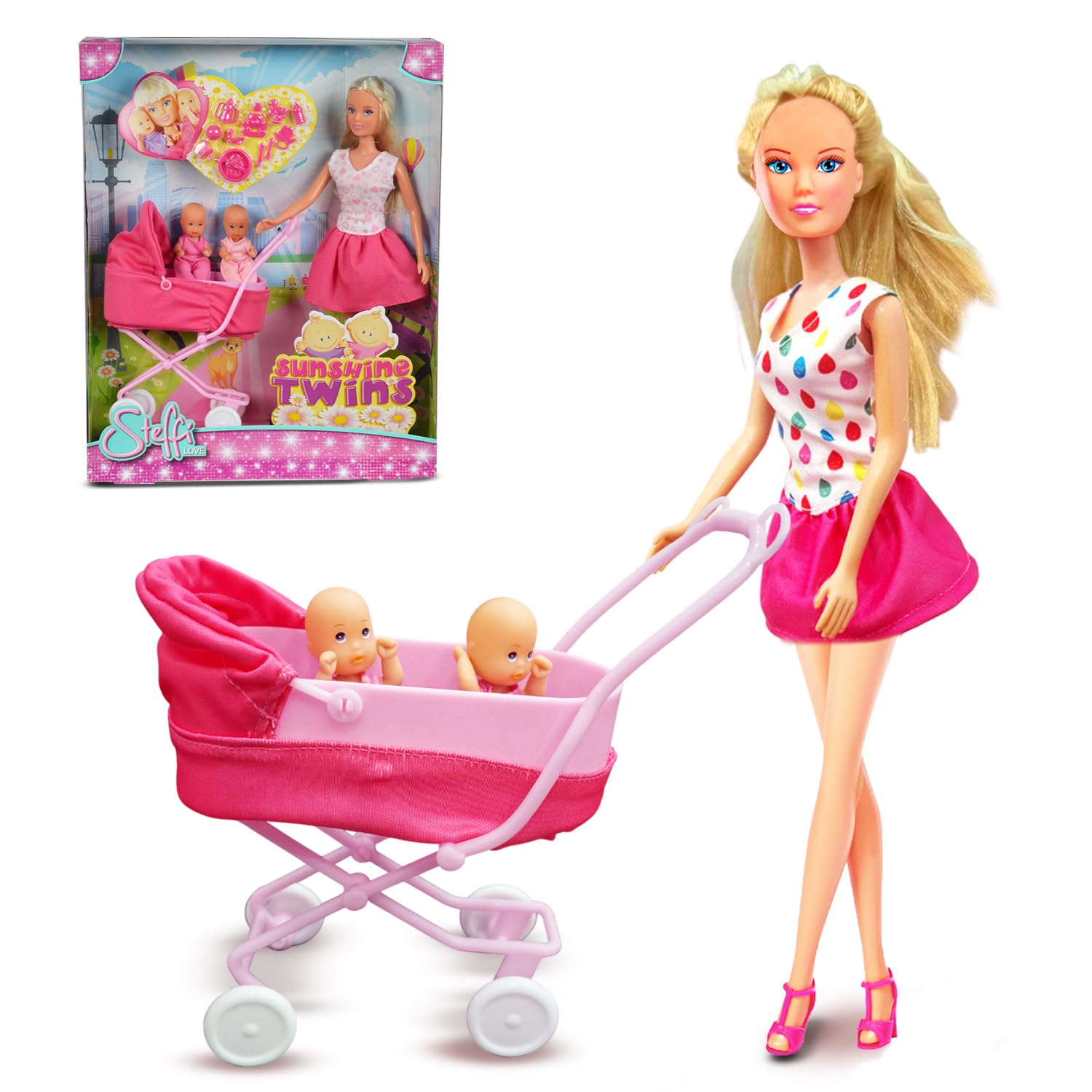 Steffi Love Sunshine Twins| Pretend Play Set with Baby Stroll and Adorable Twin Babies| Safe 16+Baby Accessories| Adorable Role Play Set for Girls Age 3+ (White & Pink)-image-23