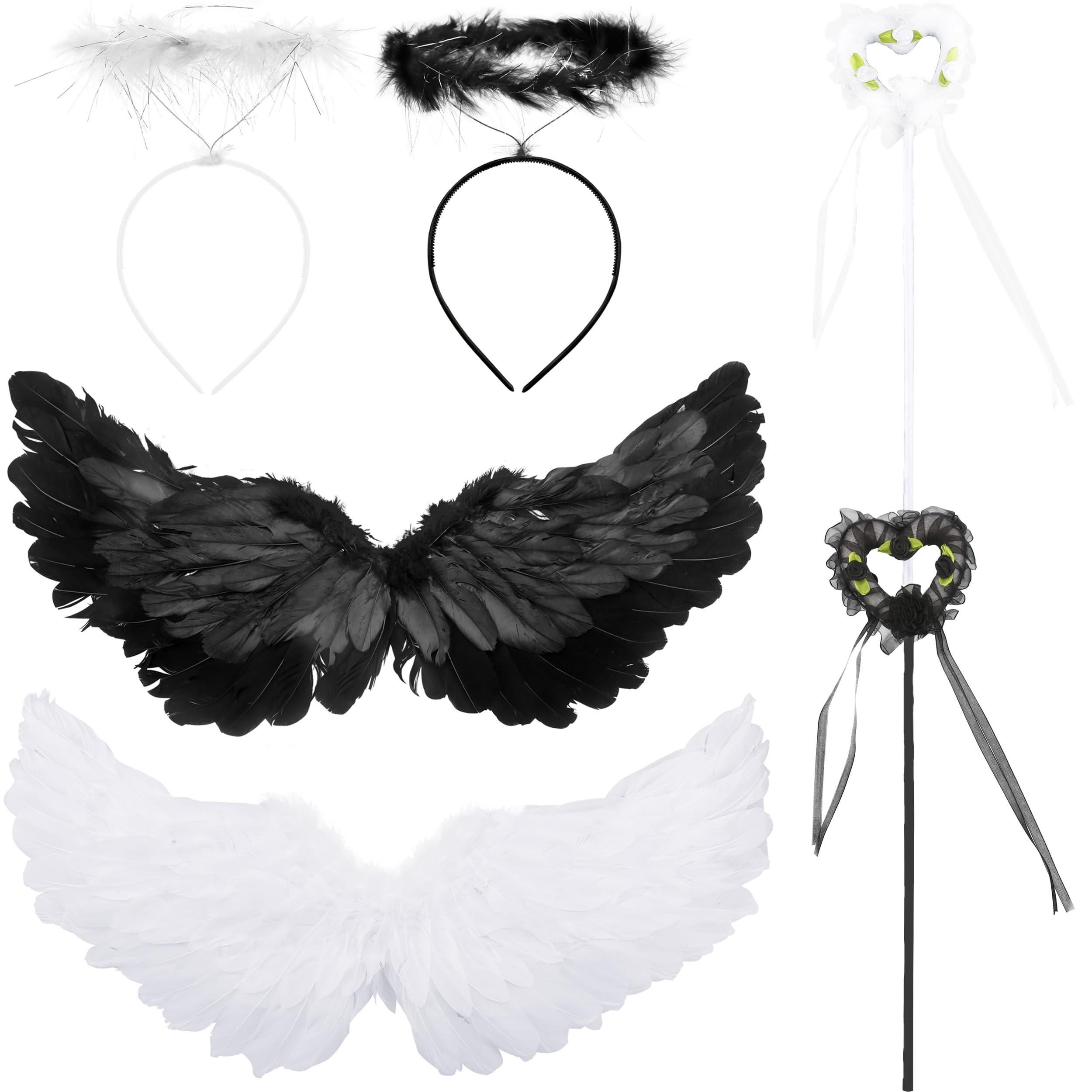 Rcanedny 6 Pcs Kids Angel Wings and Halo Headband with Wand Angel Cosplay for Girls Halloween Costume Party Supplies, Black and White