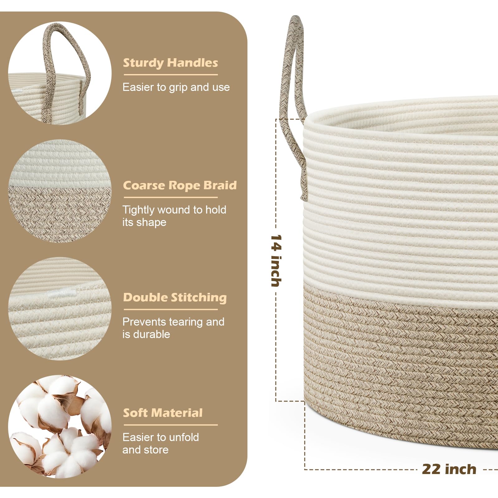 Noonkty XXL Blanket Baskets - Woven Cotton Rope Basket with Handles, 22