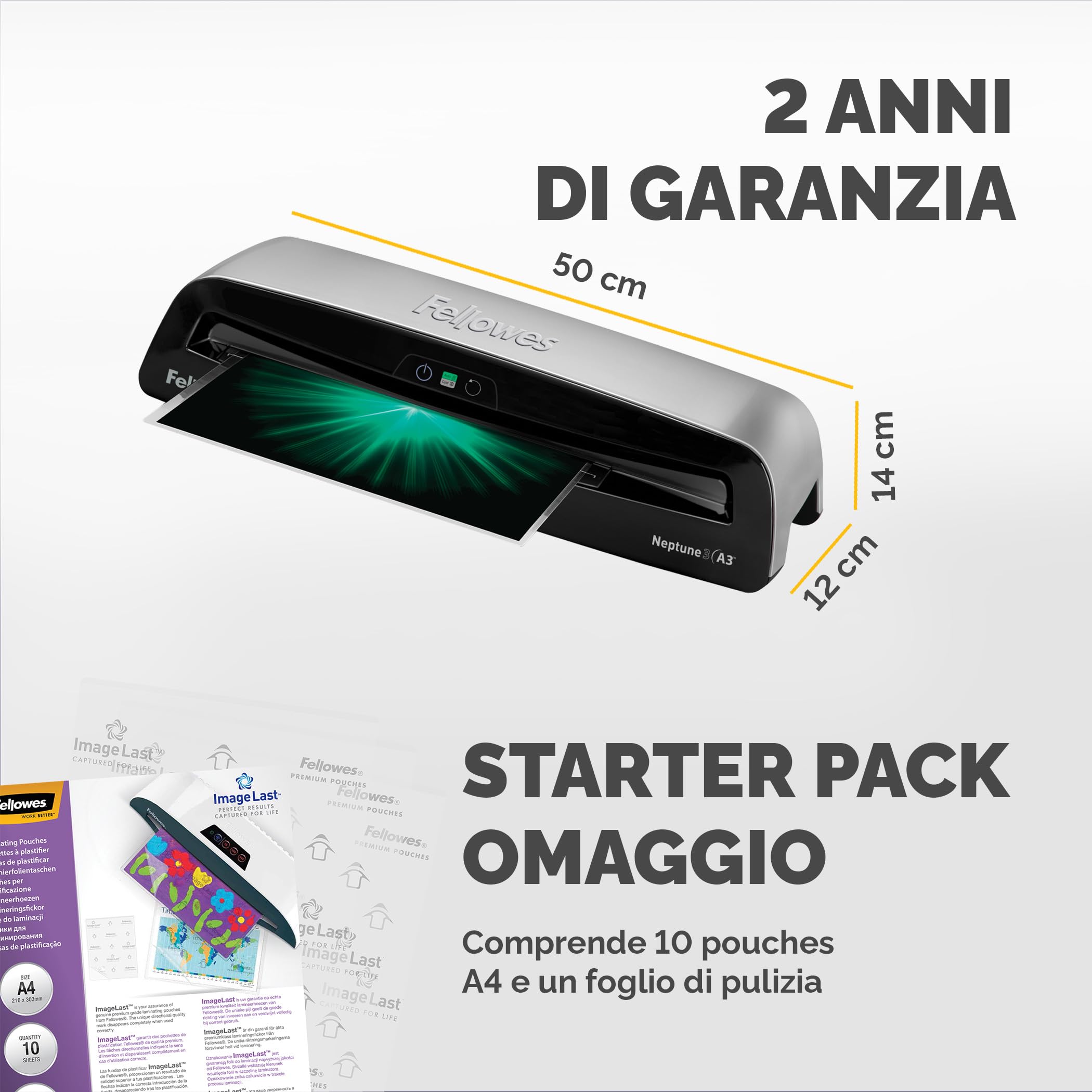 Fellowes Plastificatrice Neptune A3, formato A3, fino a 175 micron, per ufficio, Plastificatrice con Tecnologia AutoSense, Instaheat e Heatguard, Riscaldamento in 1 Minuto, incluso starter pack