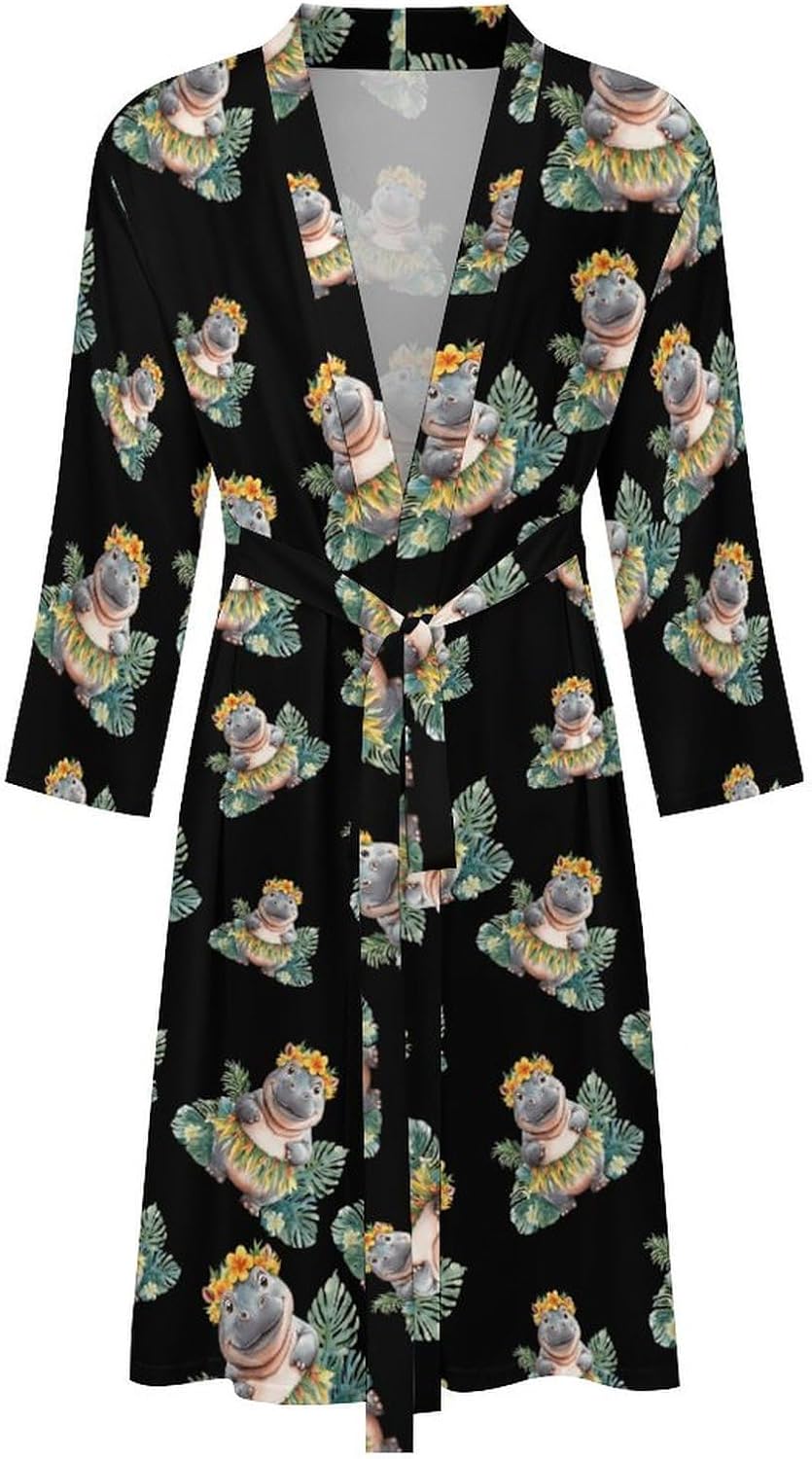 Cute Hippo Mens Robe Long Bathrobe for Women Bath Robes Lightweight Soft Printed Sleepwear