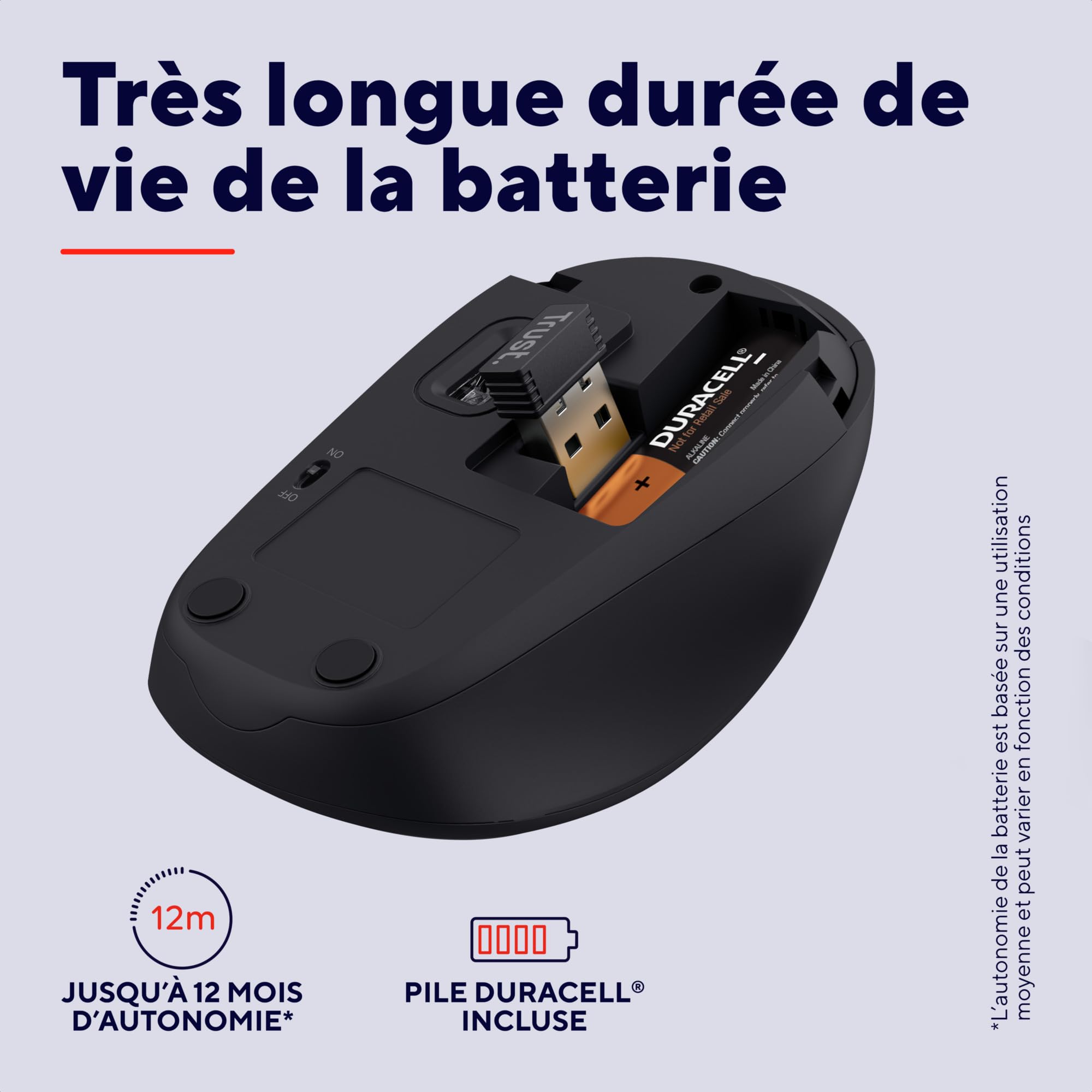 Trust Souris sans Fil Silencieuse 800-1600 DPI Plastique Recyclé Récepteur USB Stockable Compacte pour Ordinateur Portable PC Mac Noir