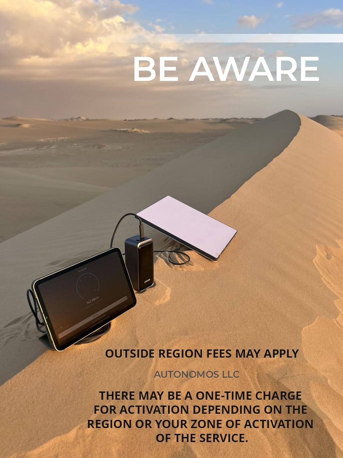 Starlink Mini in a desert landscape with a warning about regional fees