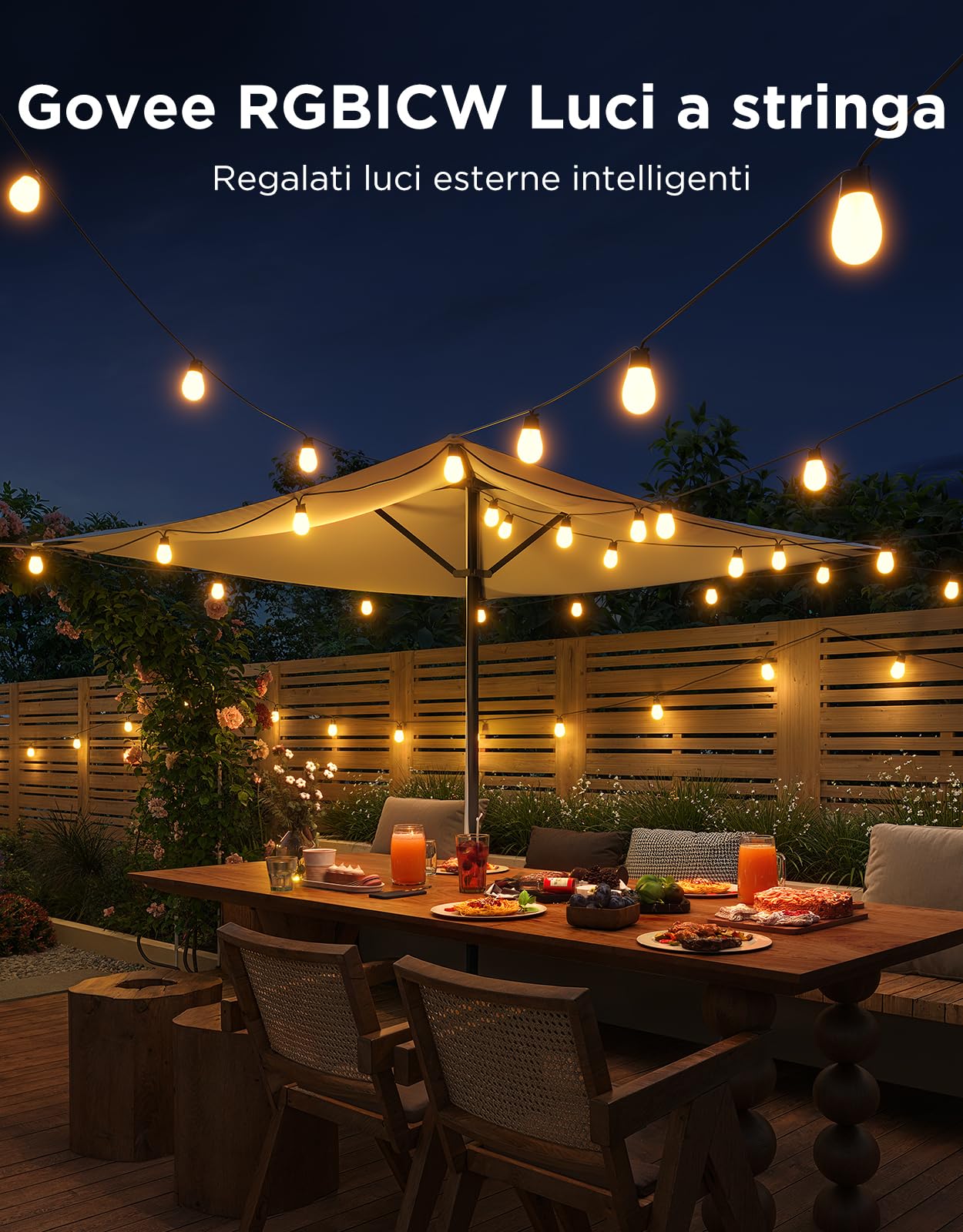 Govee Catena Luminosa Esterno, 15M Lampadine LED RGBIC Bianco Caldo, Controllo APP WiFi con Alexa Luci da Esterno, IP66 Impermeabile, 111 Modalità di Scena, Adatto per Giardino, Balcone, Gazebo
