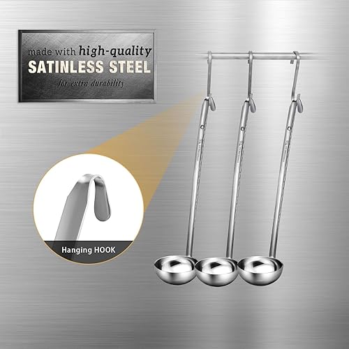 Vista 23 de meekoo Cucharón de acero inoxidable con mango de sopa con borde de vertido para cocina, cocina, salsa de sopa (4 onzas)