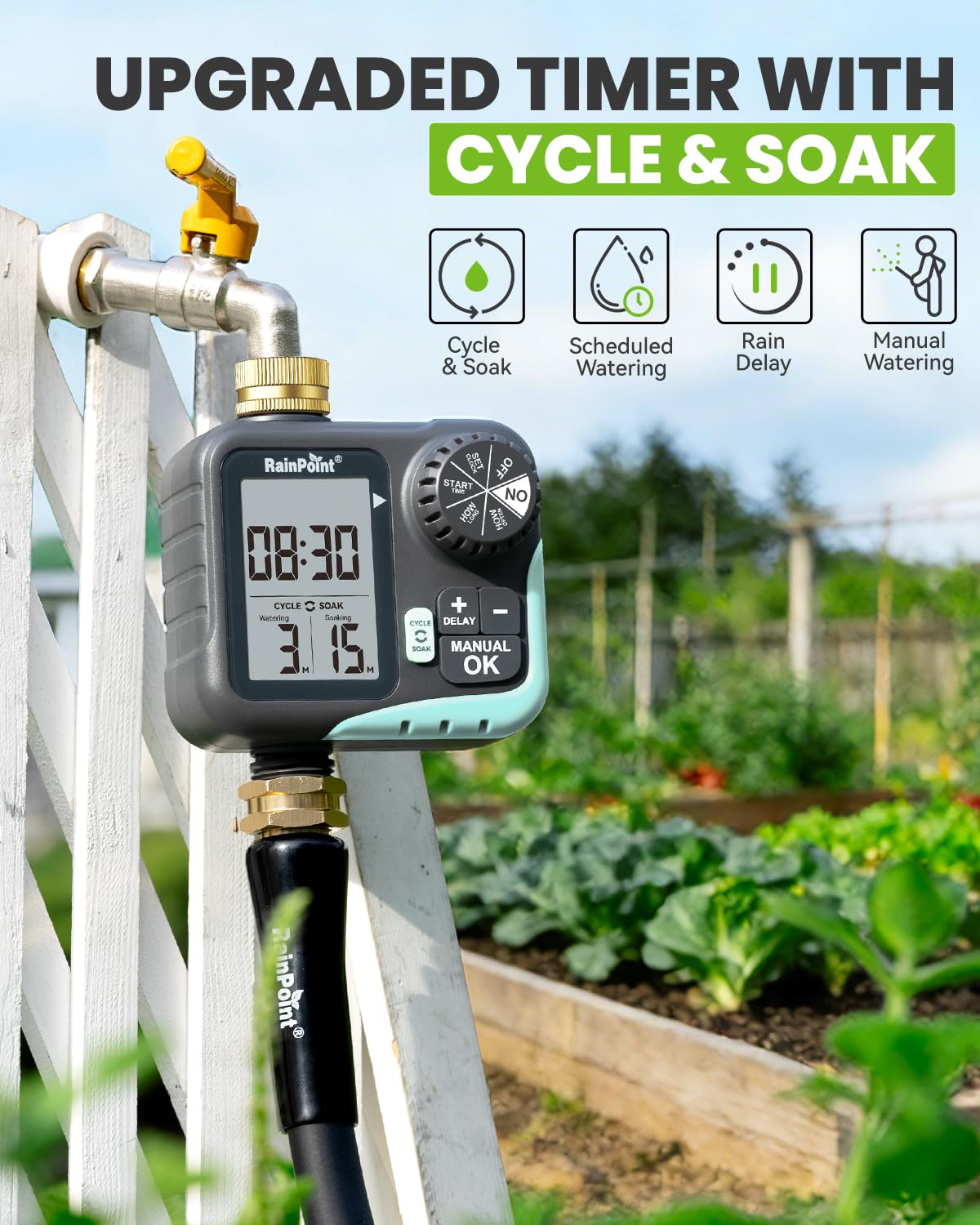 RAINPOINT Timer irrigatore per tubo da giardino, timer con ciclo e ammollo/ritardo pioggia/irrigazione automatica/irrigazione manuale, sistema di irrigazione programmabile con ampio display per prato