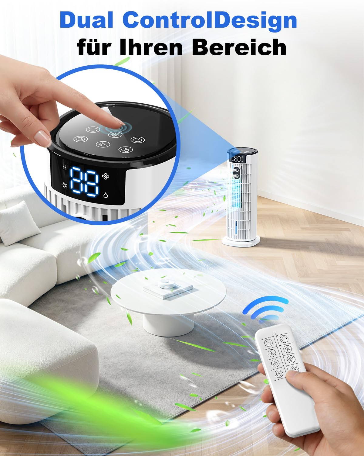 Mobile Klimaanlage 6 in 1 Turmventilator, 90° Oszillation, Timer, LED-Bildschirm, Luftkühler für Zuhause Büro Weiß