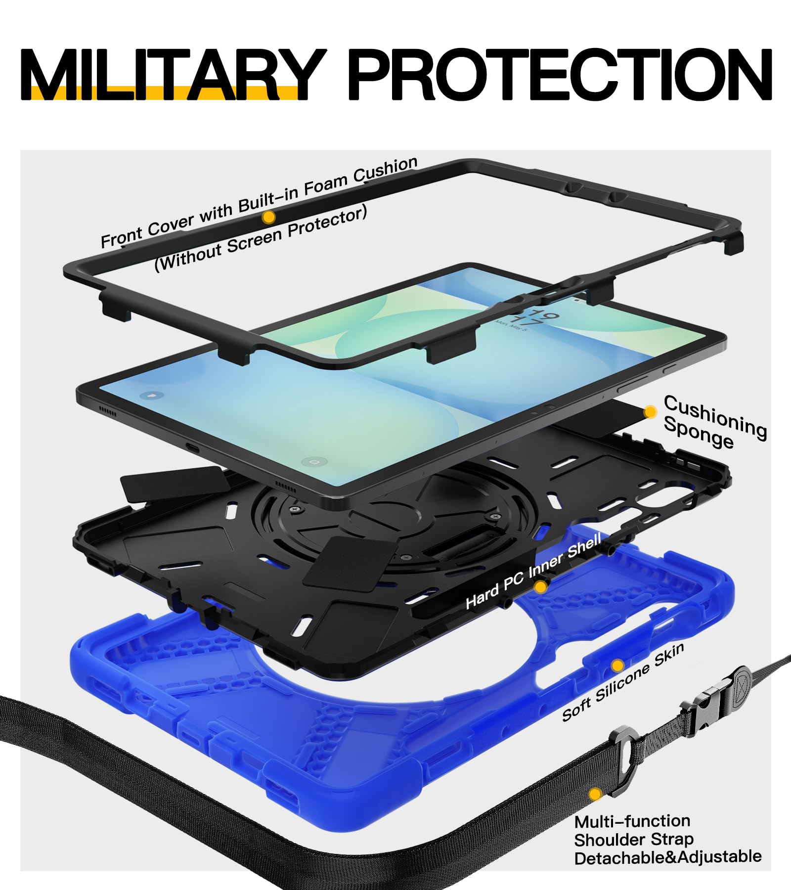 BRAECN Custodia per Galaxy Tab S9/S8/S7 11 pollici 2023, custodia protettiva in silicone antiurto resistente con staffa rotante a 360 cavalletto, tracolla, porta penna S per Galaxy Tab S9 FE 10,9''-BU