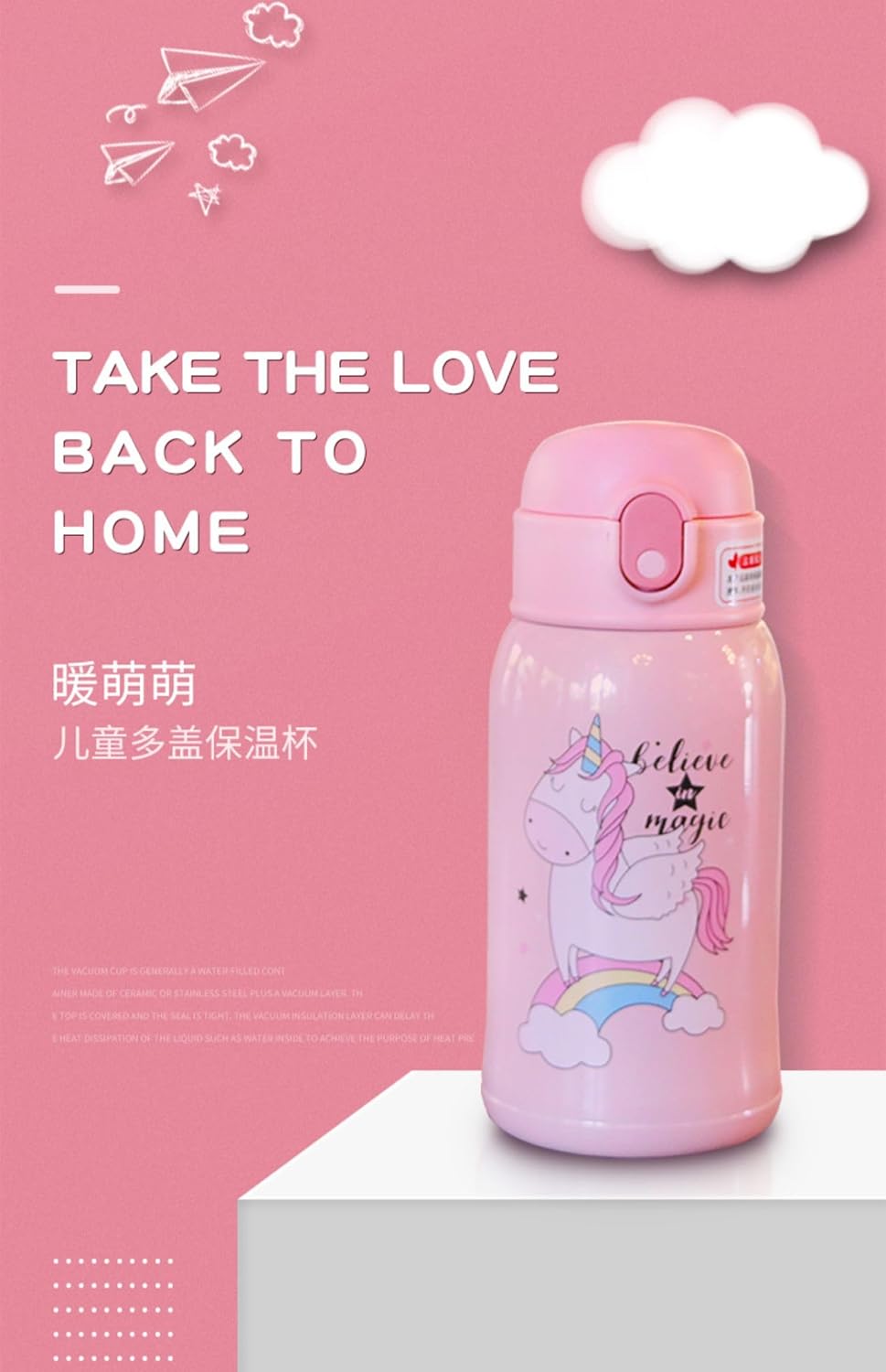 Lovely Pink Unicorn Bottle with Strap Bag Straw 2 Lid Cartoon Stainless Steel Drinkware Cup Double Wall Keep Warm Cup Gift (PINK UNICORN, 600ml)