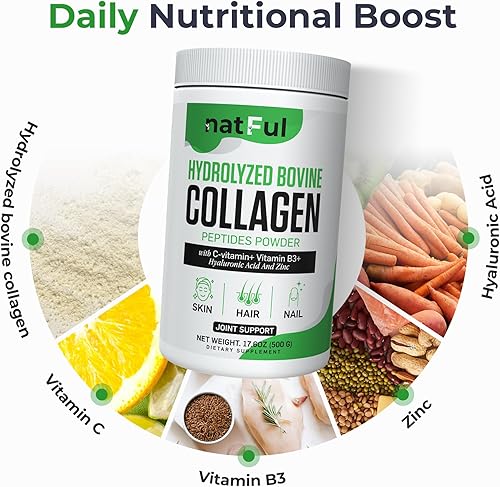 Miniatura 6 de Collagen Peptides Powder – Hydrolyzed Bovine Collagen with Vitamin C, Hyaluronic Acid, Zinc & B3 – Type 1 & 3 Unflavored Protein Powder for Women &