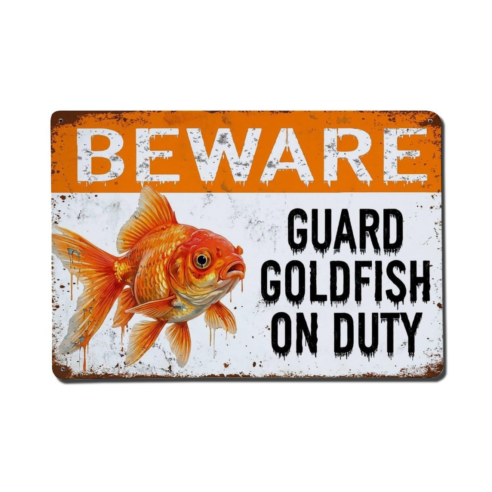 Vintage Funny Goldfish Guard Beware of Pet Lawn Metal Tin Sign Plaque Wall Decor for Cafe, Club Bar, Office, Garden Metal Poster 8x12Inch