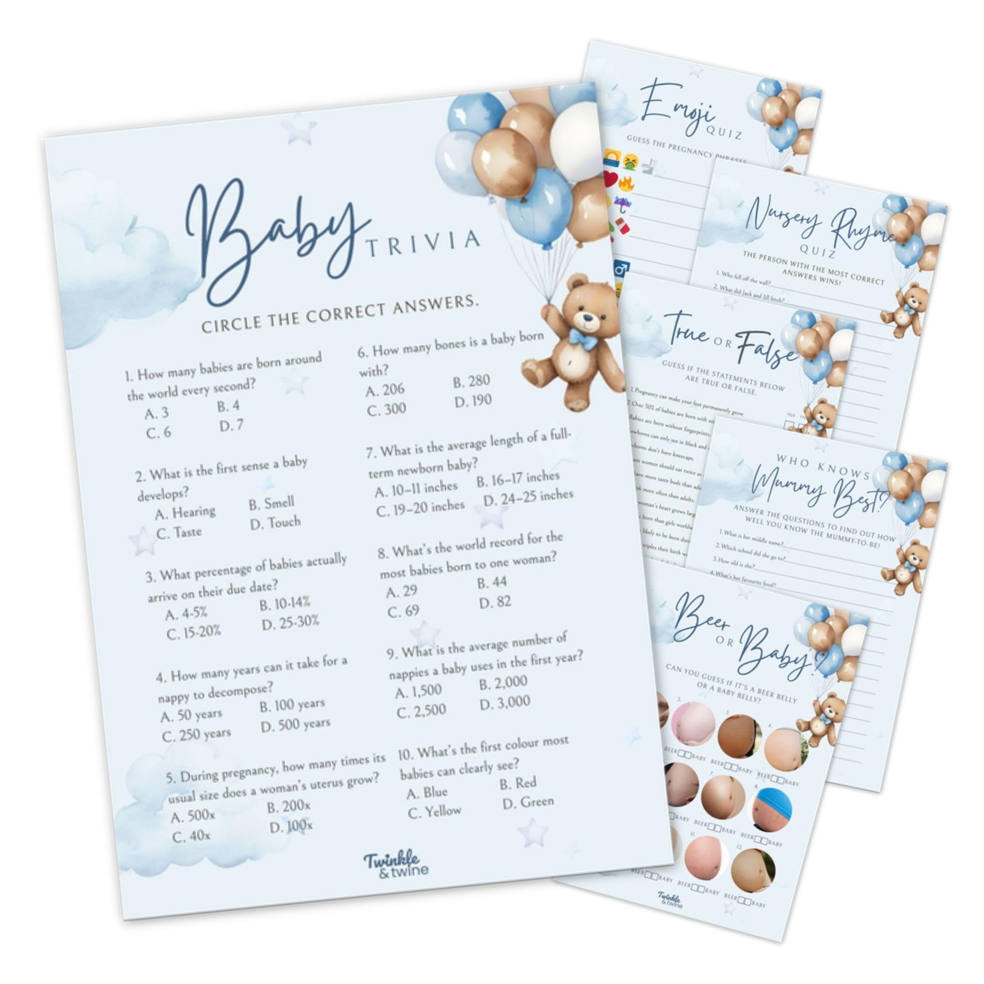 Twinkle & Twine Blue Teddy Bear Baby Shower Games Bundle – 20 Pack