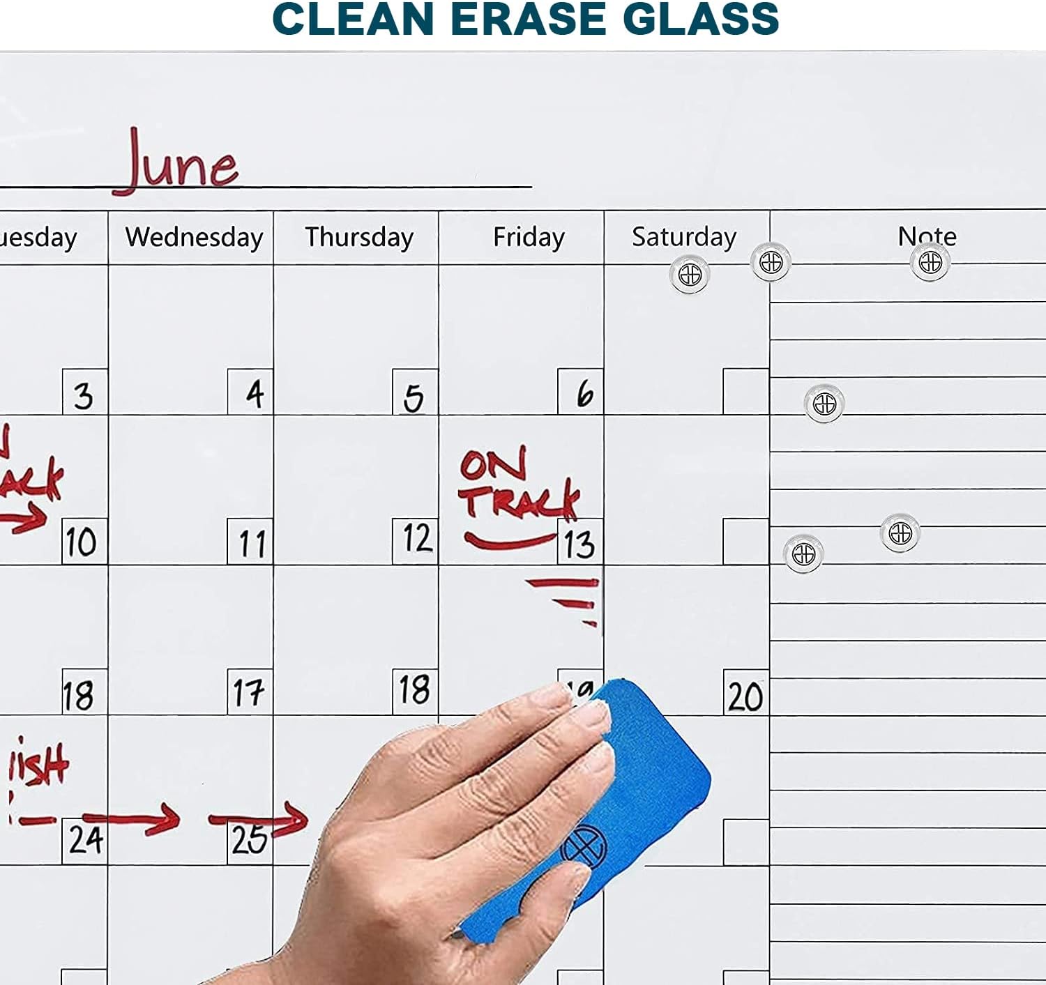 J&J worldwide Magnetic Calendar Glass Whiteboard 35x23 Inch, Frameless Tempered Glass Dry Erase Board Wall Mounted Includes Markers, Eraser, Magnets, Mounting Kit for Office Home& School
