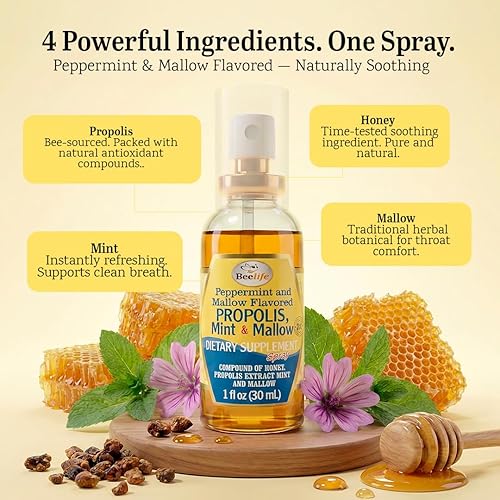 Miniatura 3 de Beelife Spray de propóleos para la garganta, aroma calmante de miel, menta y malva, apoyo inmunológico natural y alivio del dolor de garganta