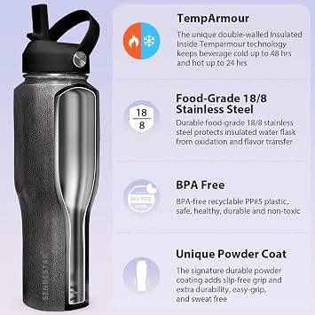 40oz Hot and Cold Insulated Water Bottle with 2 Straw Lids Fit in Car Cup Holder