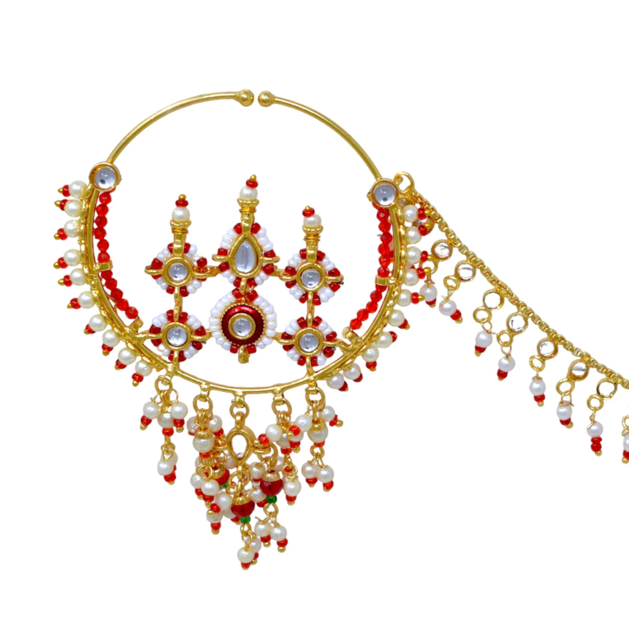 Meira Jewellery Brass Ethnic Traditional Gold plated piercing nose ring for bridal studed with pearchain and stone nath 111 for Women (Red) (B0C14YL2GV) Amazon Price History, Amazon Price Tracker