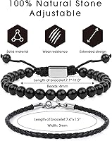 Vista 23 de Black Beaded Bracelets for Men Boys: 6mm Obsidian Onyx Lava Beads Mens Bracelet Set Mens Jewelry - Cool Anniversary Valentines Fathers Birthday
