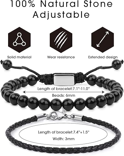 Miniatura 23 de Black Beaded Bracelets for Men Boys: 6mm Obsidian Onyx Lava Beads Mens Bracelet Set Mens Jewelry - Cool Anniversary Valentines Fathers Birthday