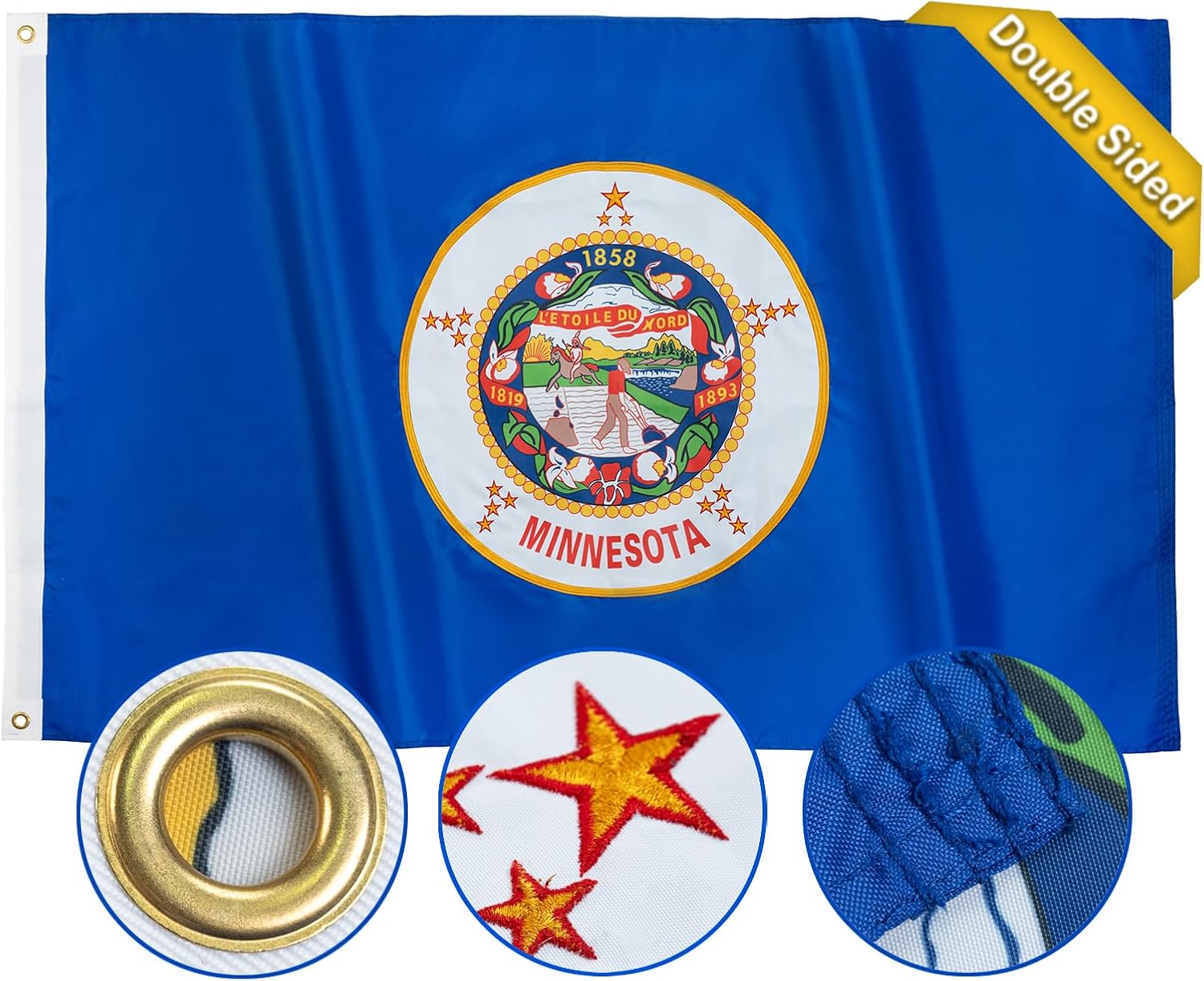 A-ZCOVER Minnesota State Flag 3x5 FT, Embroidered Mn State Flags, Double Sided Minnesota Flags with 2 Brass Grommets, Heavy Duty Banner for Indoor and Outdoor