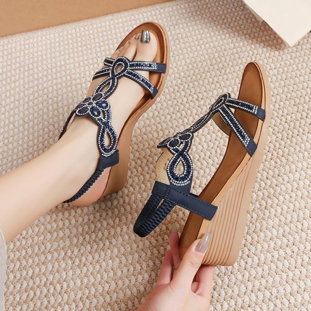 QUCH Women's Summer Wedge Sandals Boho Rhinestone Wedges Arch Support Beach Sandals Casual Vacation Footwear