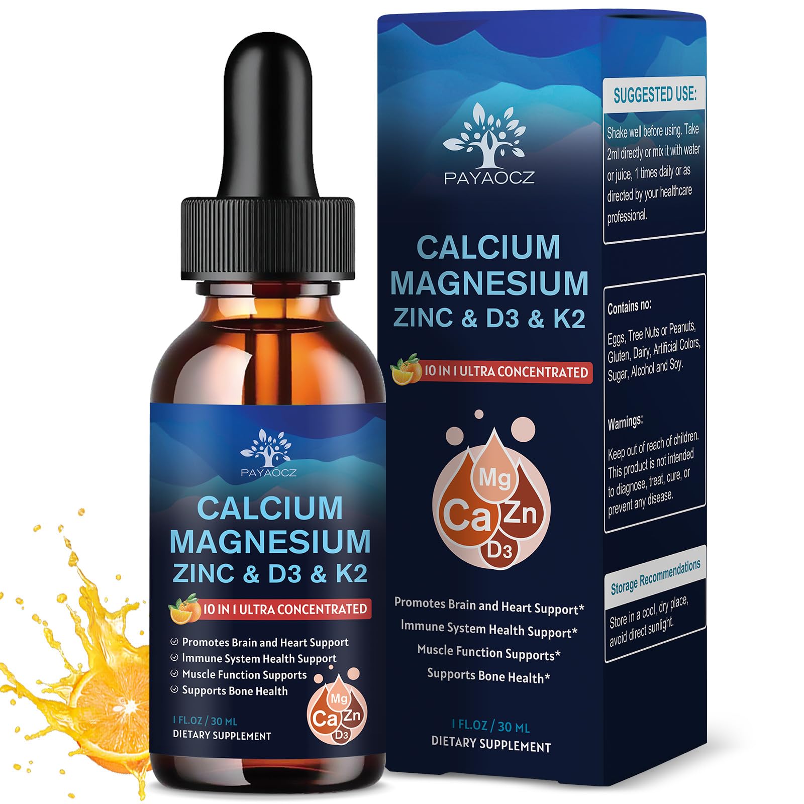 (2 Pack) 10 in 1 Magnesium Calcium Zinc Supplement with Vitamin C D3 K2, Glycinate Mag Vegan Liquid Drops Plus L-Theanine Boron Sea Moss Extract, Bone & Immune Support, Orange Flavor, 1 Fl Oz Orange 1 Fl Oz (Pack of 2)