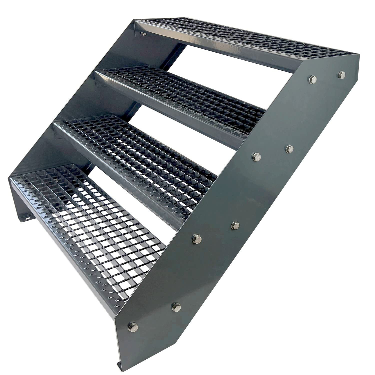 Premium Caillebotis acier Escalier à limon 4 Marches Entièrement galvanisé et Anthracite Revêtu par poudre - Dimensions (L x l x H) 82cm x 80cm x 76cm