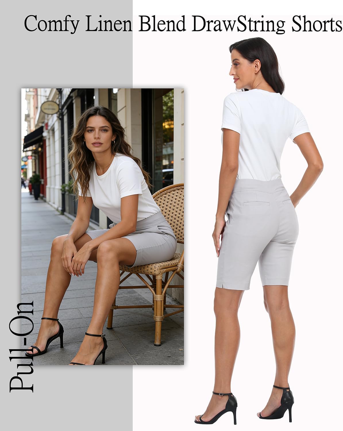 Womens Bermuda Shorts 10'' Inseam Pull On Ladies Casual Dressy Shorts with Pockets